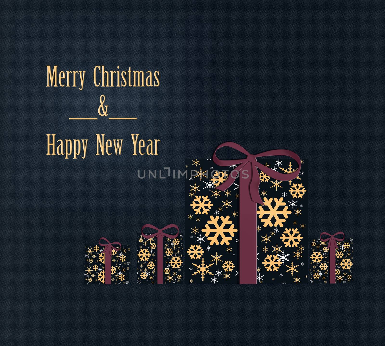 Luxury Christmas greeting card concept with gold words Merry Christmas and Happy New Year. Abstract wrapped gift boxes with golden snowflakes. Illustration