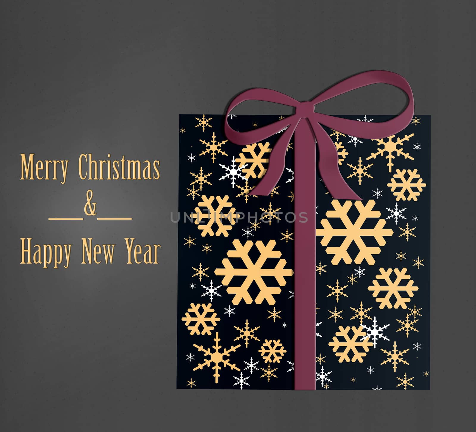 Luxury Christmas greeting card concept with gold words Merry Christmas and Happy New Year. Abstract wrapped gift box with golden snowflakes. Illustration