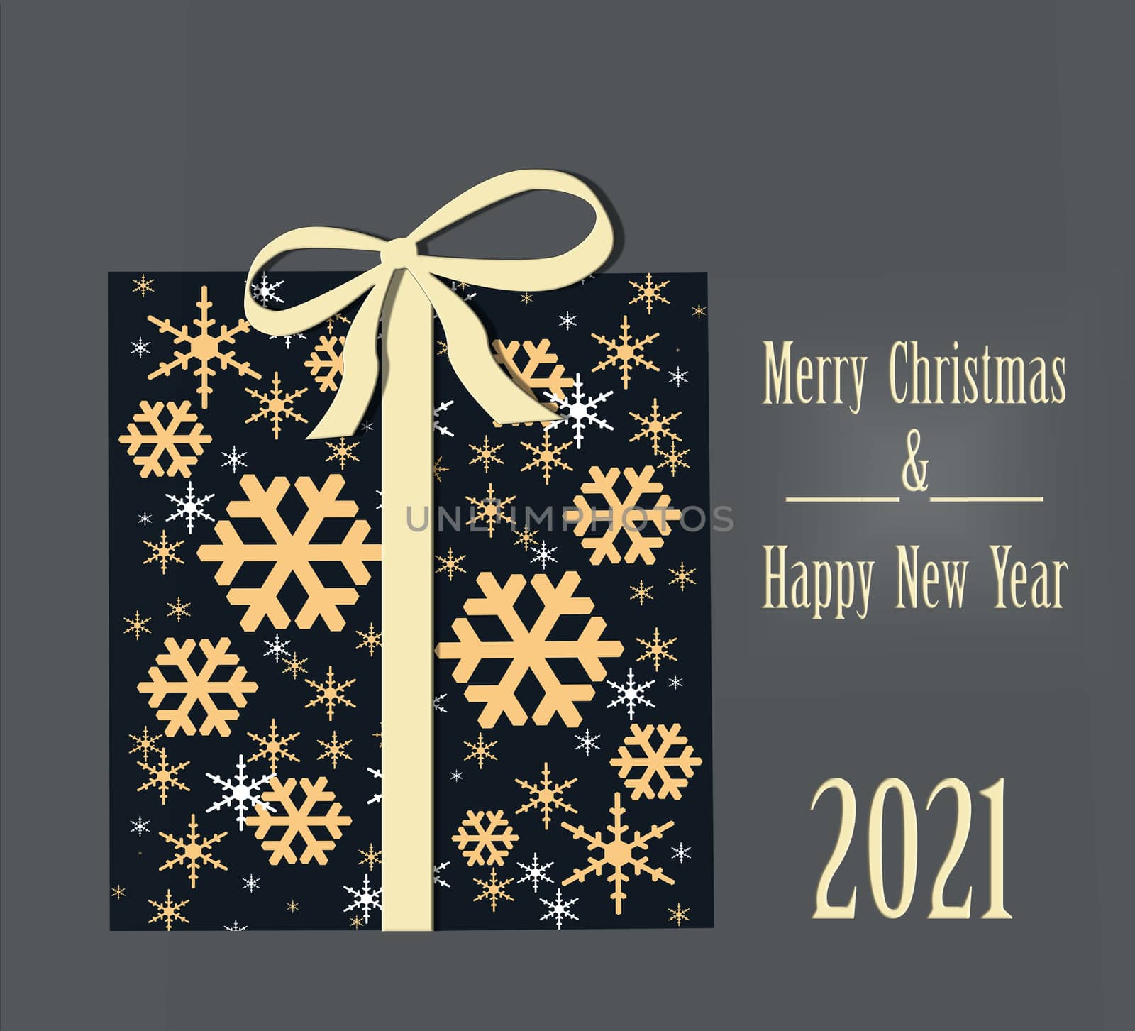 Luxury Christmas greeting card concept with gold words Merry Christmas and 2021 Happy New Year. Abstract wrapped gift box with golden snowflakes on dark background. 3D Illustration