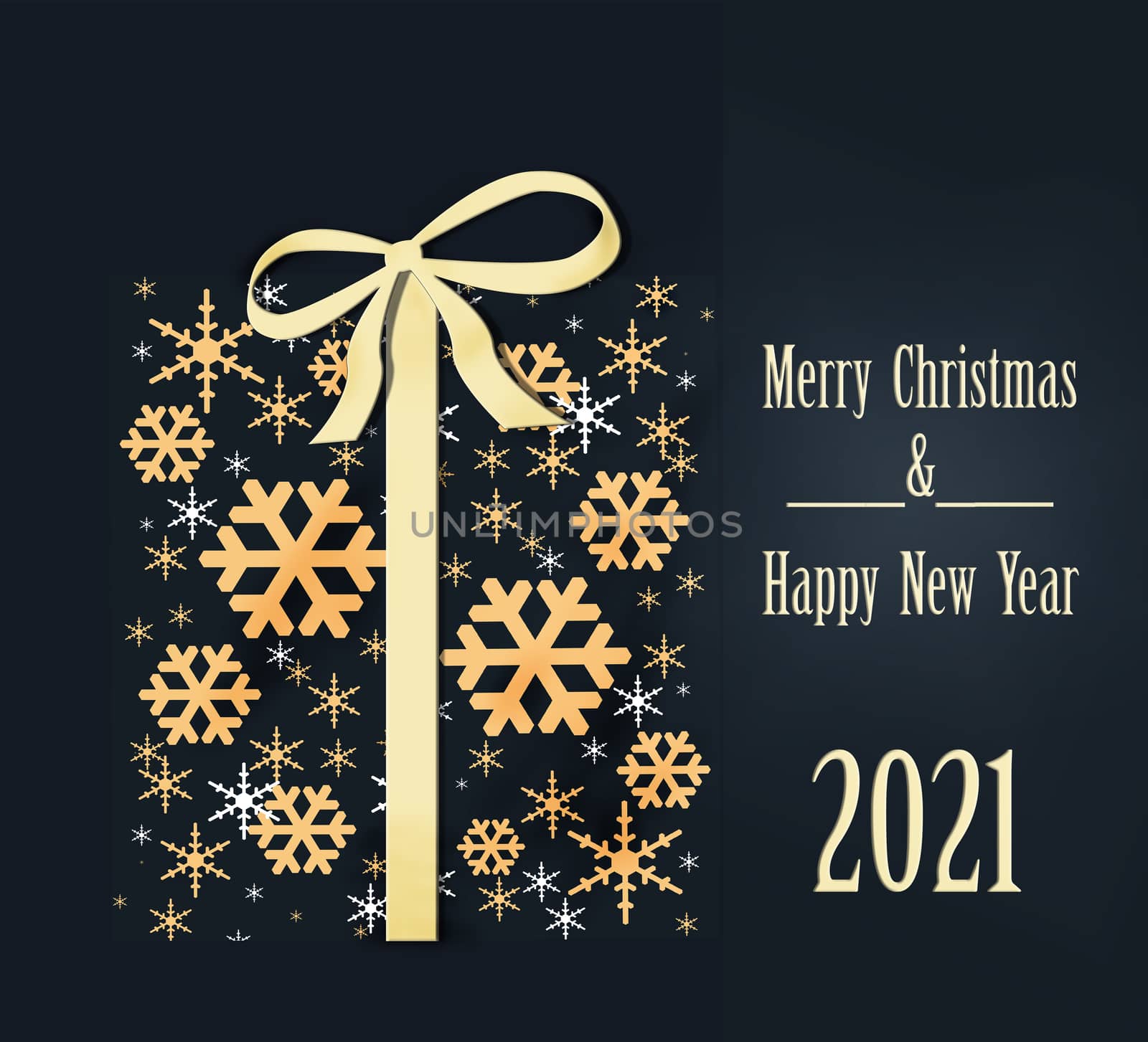 Luxury Christmas greeting card concept with gold words Merry Christmas and 2021 Happy New Year. Abstract wrapped gift box with golden snowflakes on dark background. Illustration