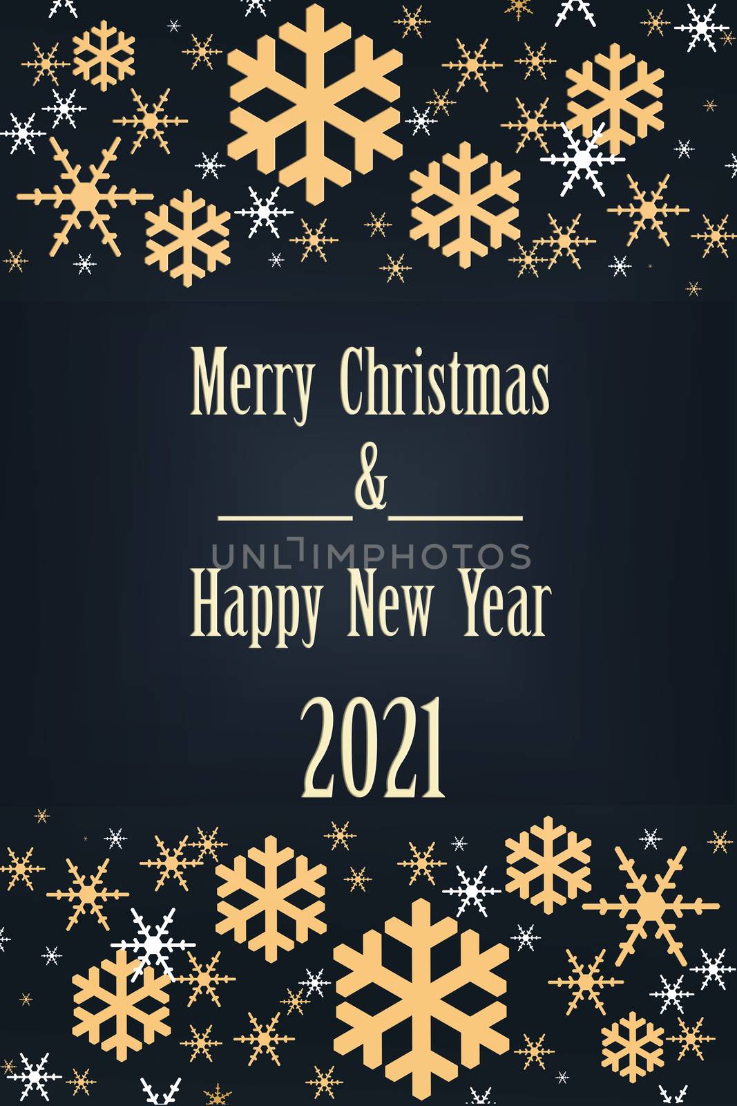 Text Merry Christmas and 2021 Happy New Year. Illustration on dark blue dramatic background. Luxury Christmas and New Year background with shining golden snowflakes. Vertical