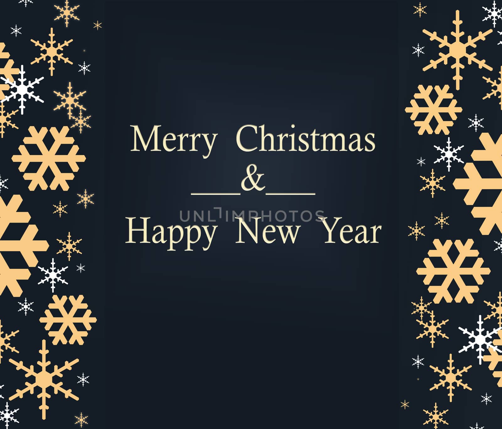 Text Merry Christmas and Happy New Year. Illustration on dark blue dramatic background. Luxury Christmas and New Year background with shining golden snowflakes. 3D illustration
