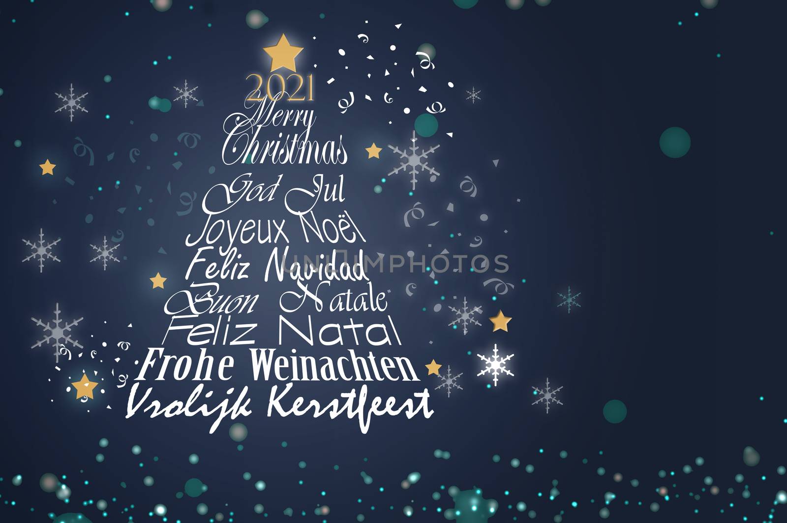 Christmas tree shape from text Merry Christmas in different European languages English, French, German, Portuguese, Italian, Spanish, Swedish, Dutch on shiny blue background. Illustration.