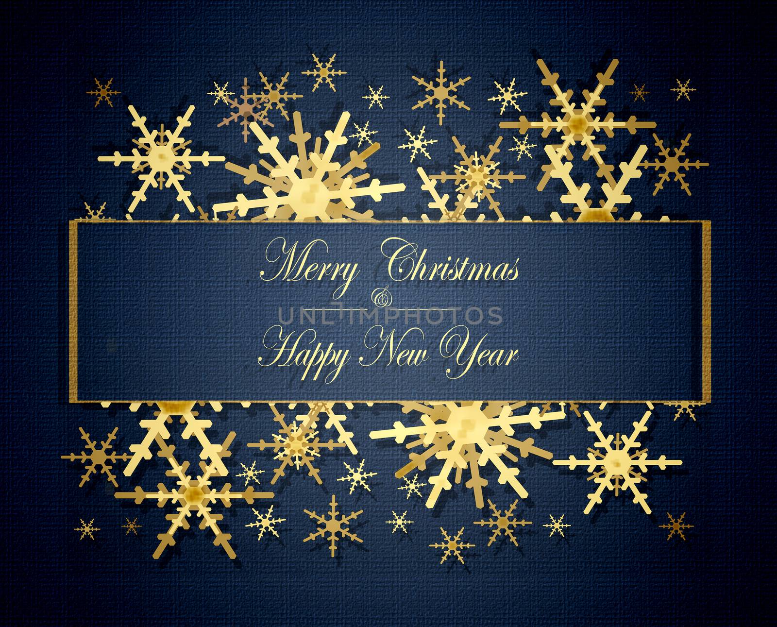 Text Merry Christmas and Happy New Year. Illustration on dark blue dramatic background. Luxury Christmas and 2021 New year background with shining golden snowflakes.