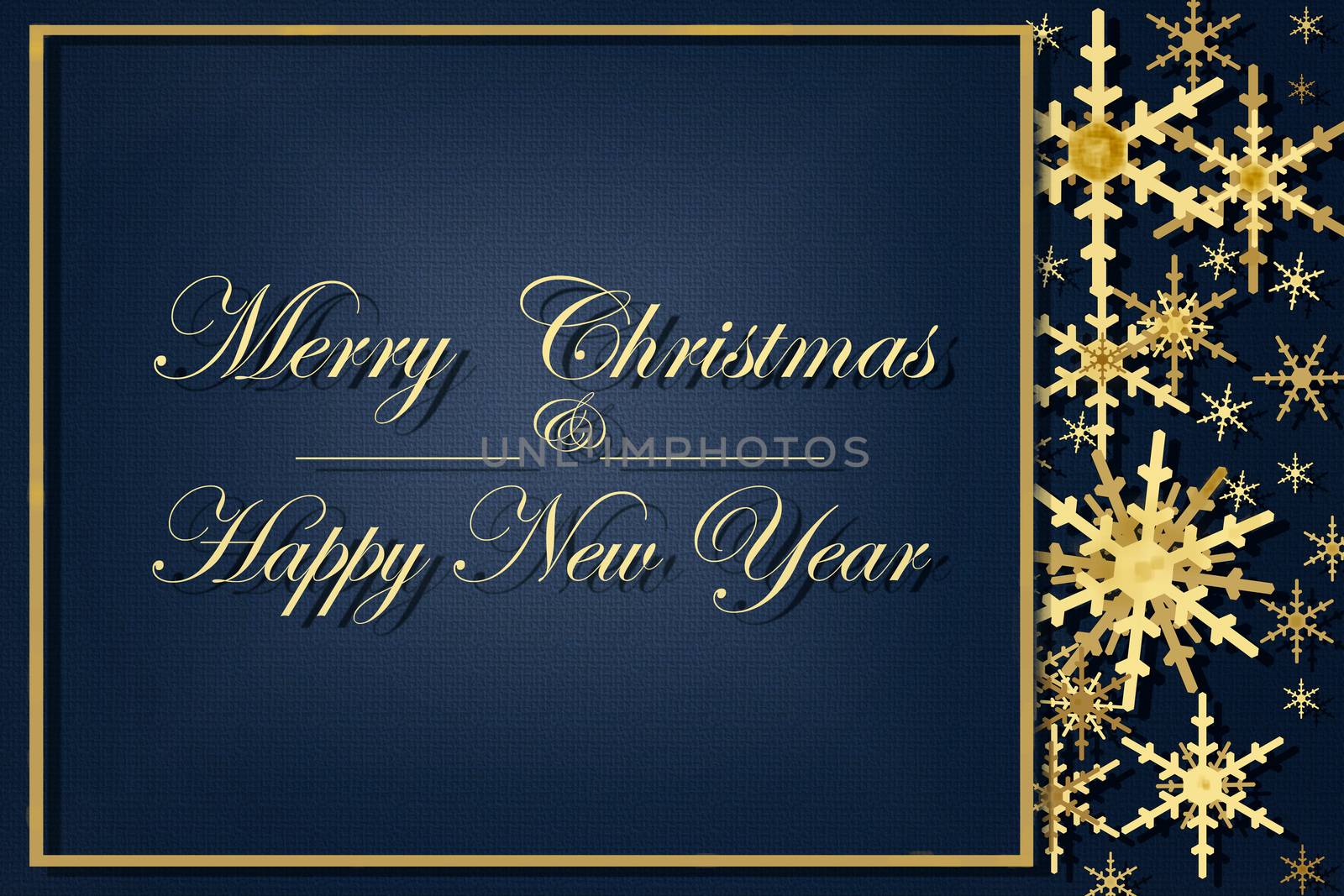 Lettering Merry Christmas and Happy New Year. Gold snowflakes on shiny background. Luxury 2021 Christmas and elegant New Year greeting card, banner, mock up. Illustration.