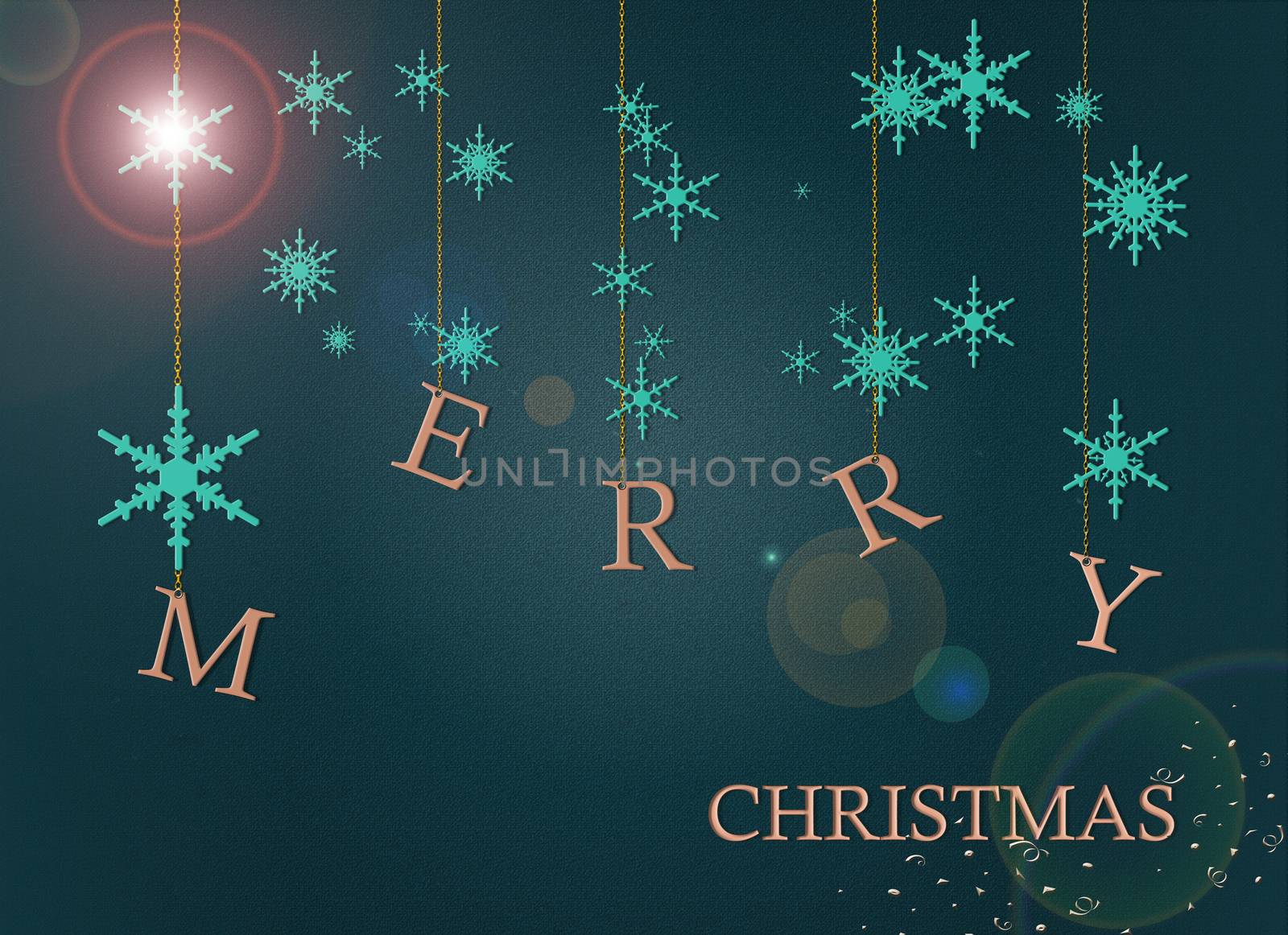 Merry Christmas text in antique gold and icons of snowflakes in turquoise blue on green shine background. Illustration. Merry Christmas, 2021 New Year greeting card, frame, banner.