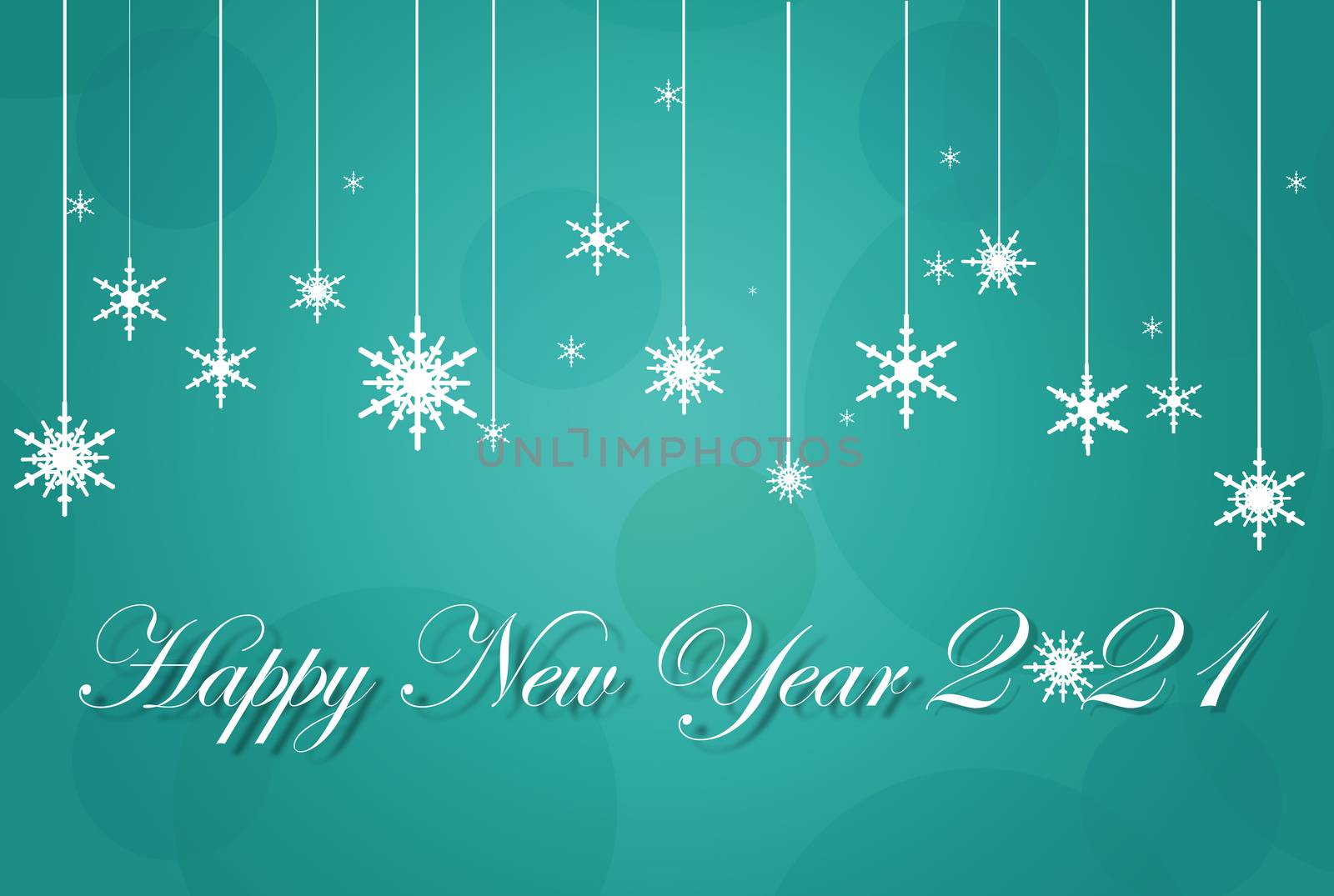 Happy New Year 2021 text and icons of snowflakes on turquoise blue background. Christmas, New Year greeting card, frame, banner.