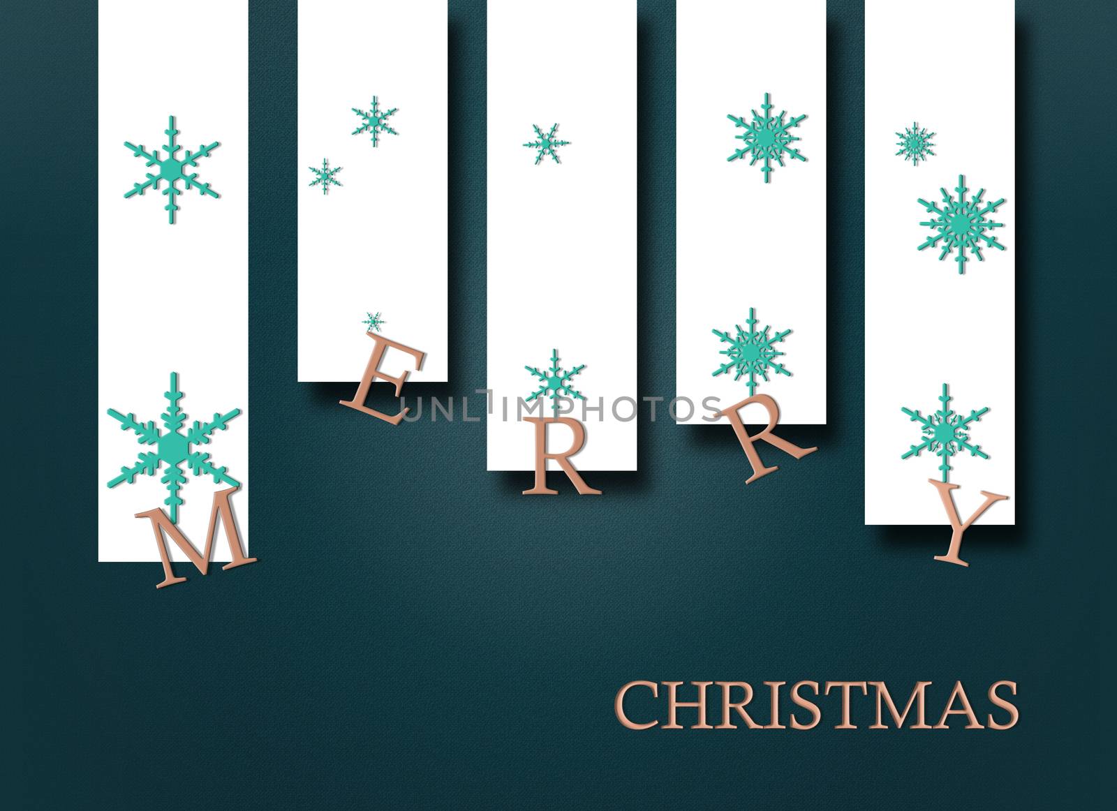 Merry Christmas text in antique gold and icons of snowflakes in turquoise blue on white and shiny green background. 3D illustration. Christmas, elegant 2021 New Year trendy greeting card, frame, banner, wallpaper.