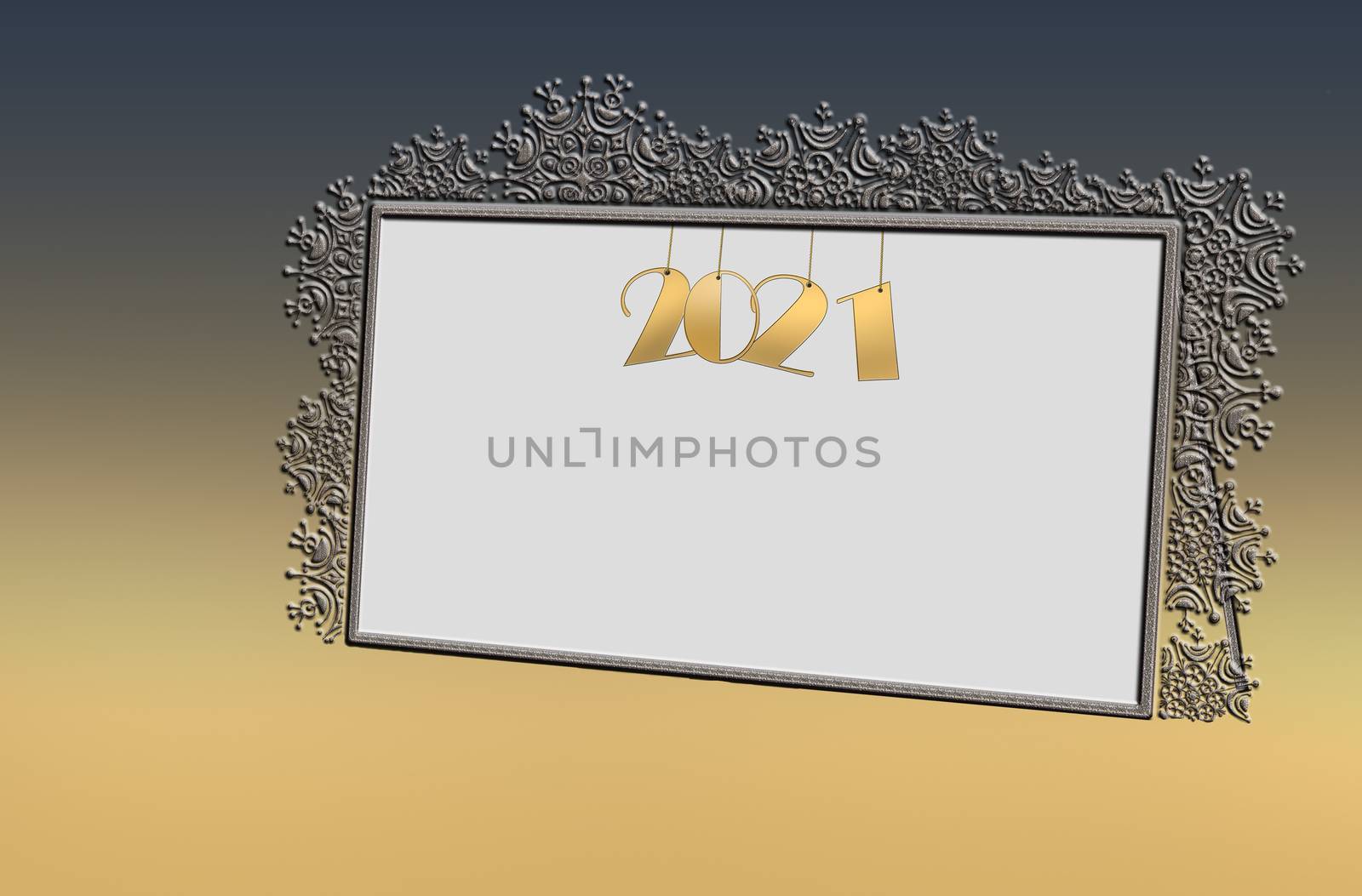 Christmas or 2021 New Year mock up background. Minimalistic style made of gold snowflakes frame for text. 3D illustration