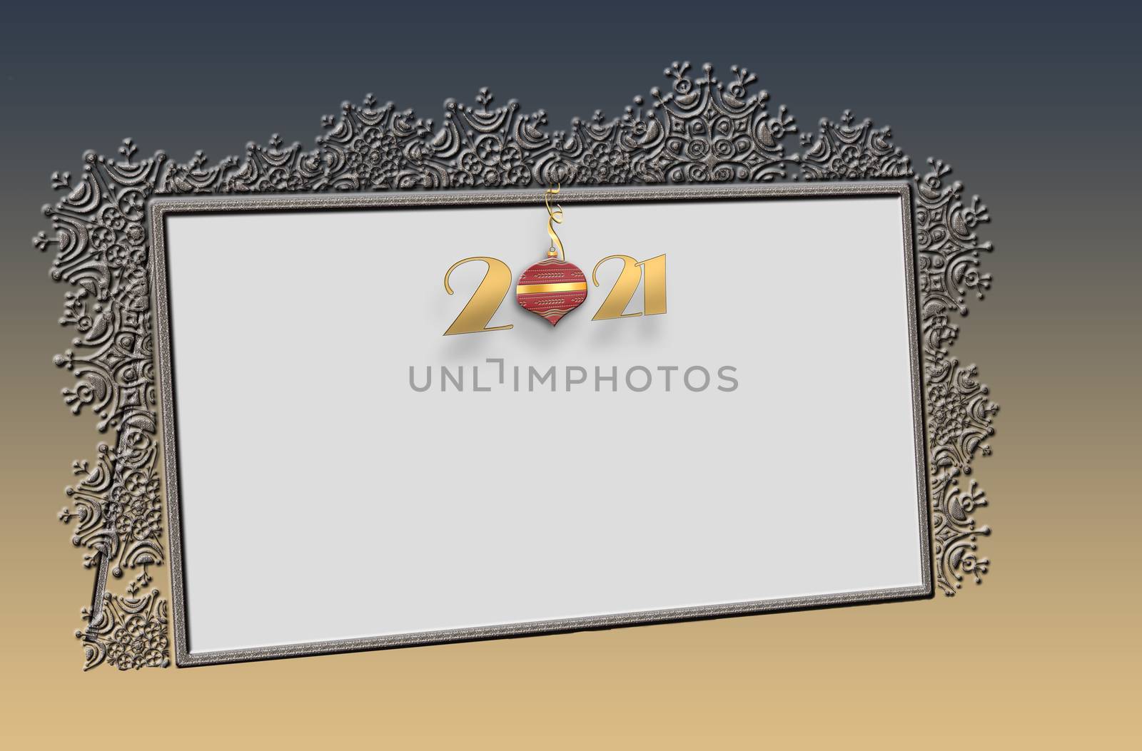 Christmas or 2021 New Year mock up background. Minimalistic style made of gold snowflakes frame, hanging digit 2021. 3D illustration