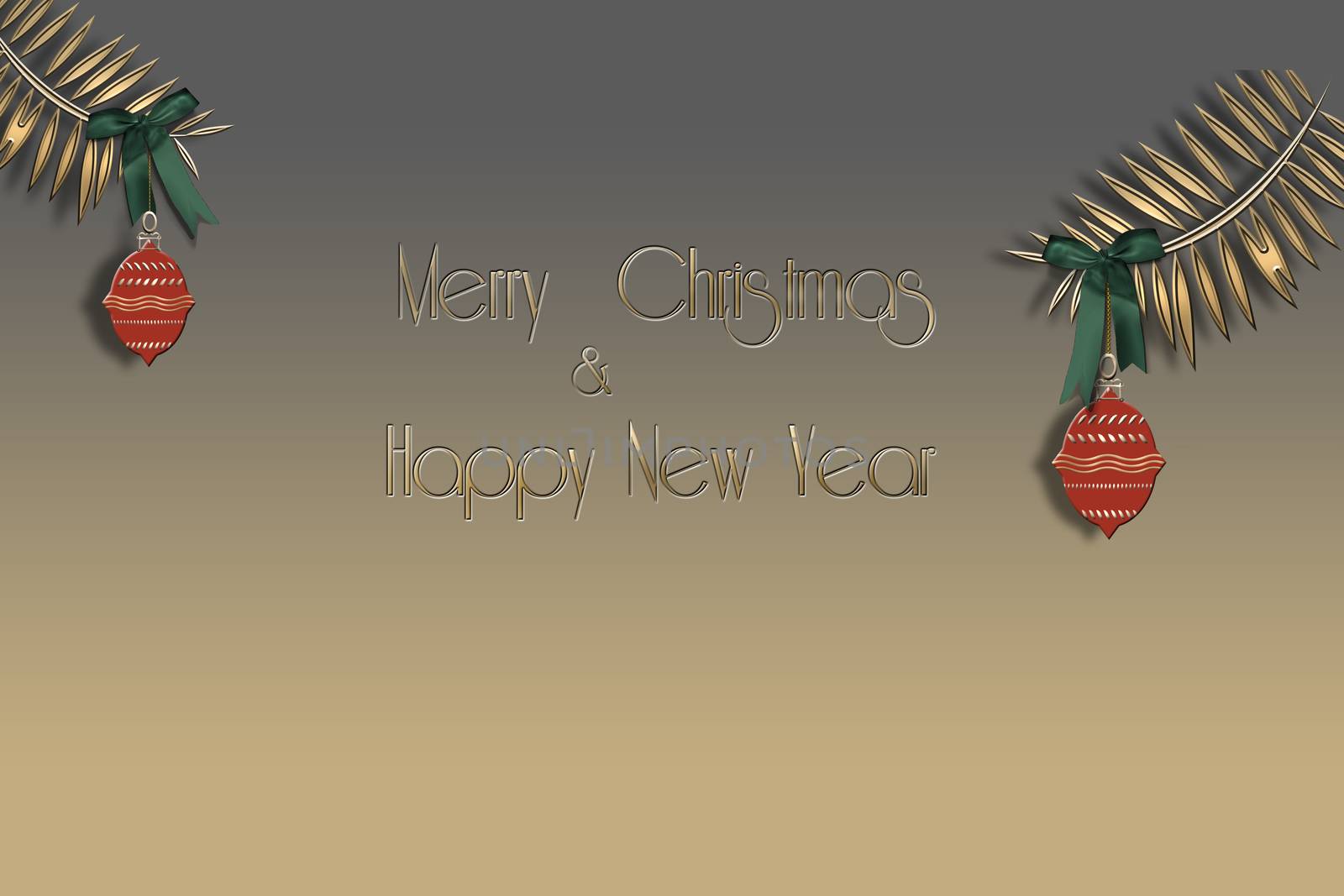Minimalist Christmas card with gold pine brunches and red balls with green bows on gold background and text Merry Christmas and Happy New Year. 3D illustration