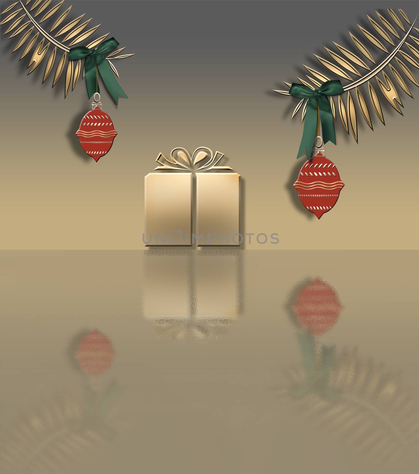 Gold Christmas and New Year card with gold pine branches, red balls, gold gift box with reflection on gold background. Copy space. 3D illustration