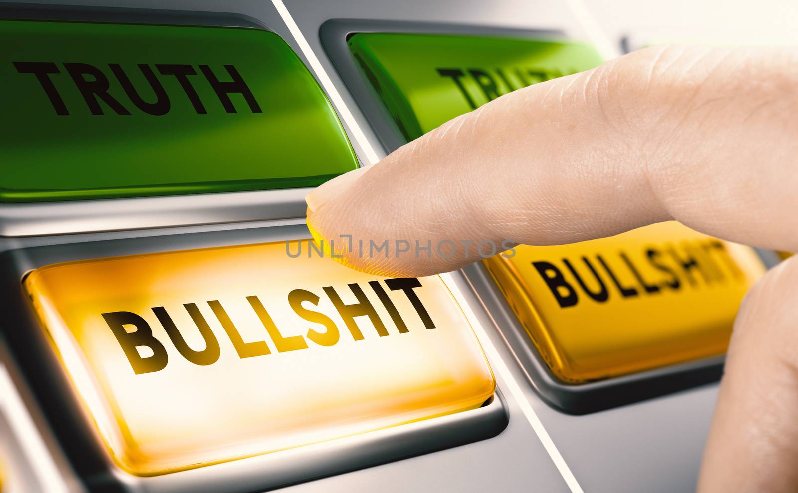 Finger pressing a yellow bullshit button to  report fake news. Disinformation or misinformation concept. Composite image between a hand photography and a 3D background.