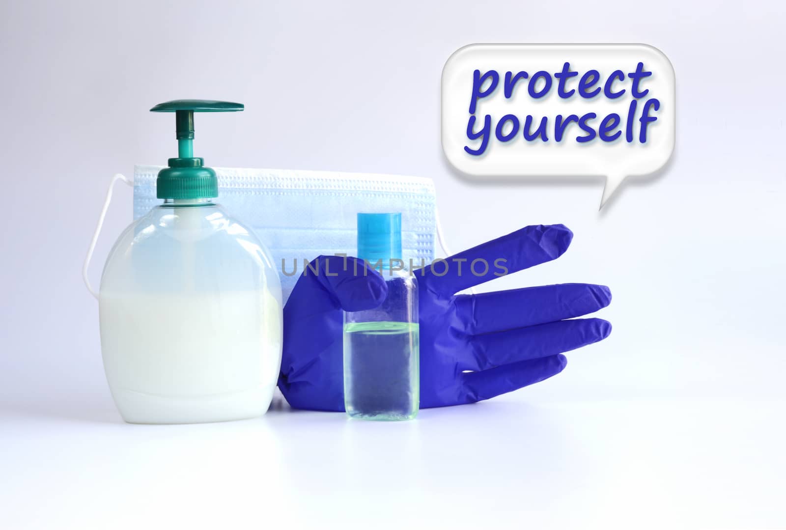 Protective face mask, soap, antiseptic, gloves against virus on white background. Protect your self words on spech bubble