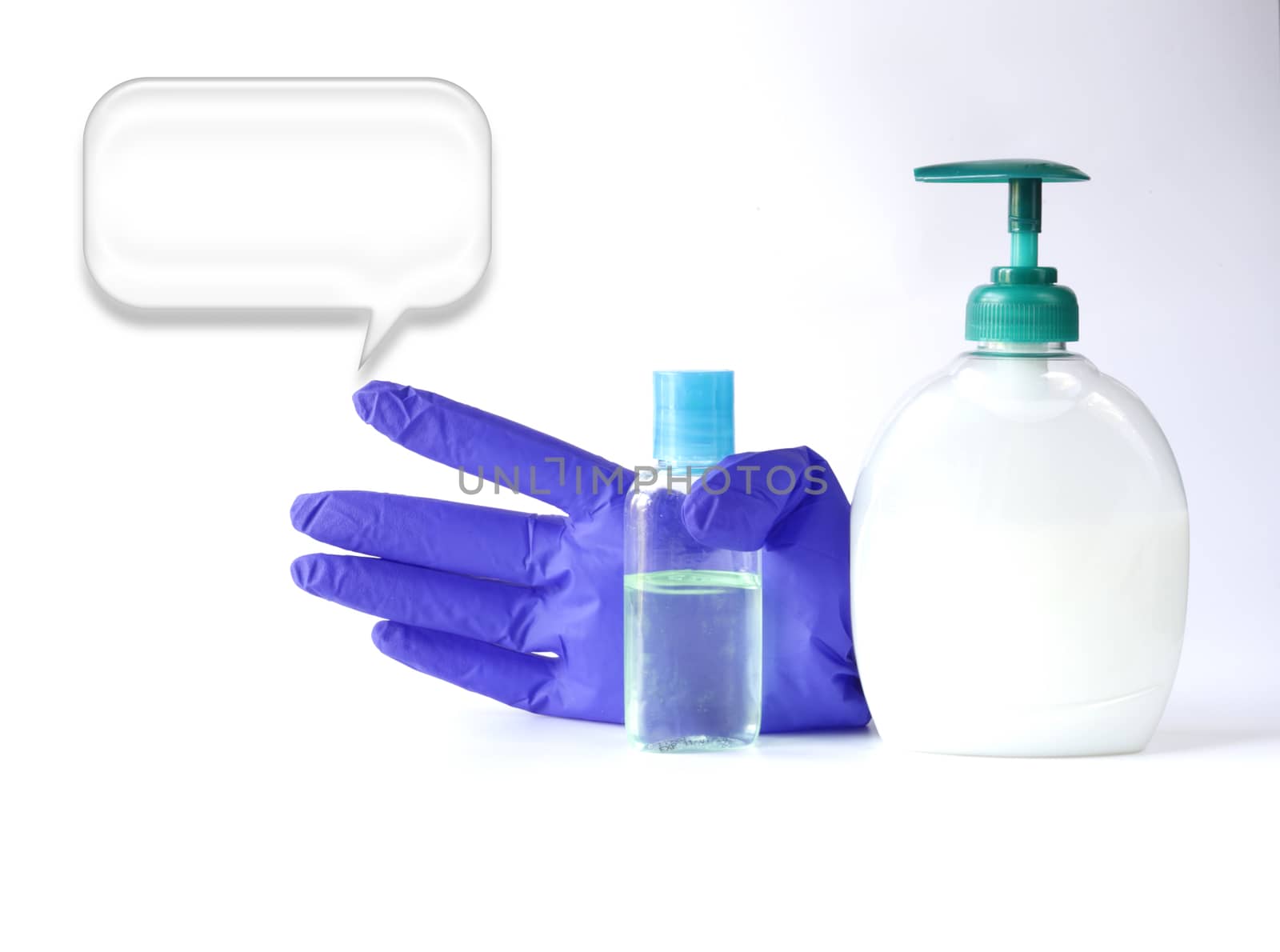 Protective face mask, soap, antiseptic, gloves against virus on white background