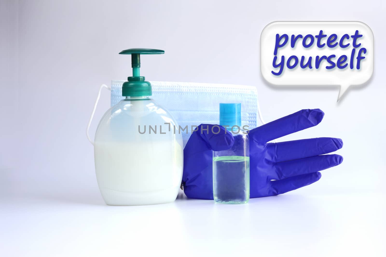 Protective face mask, soap, antiseptis, gloves against virus on white background