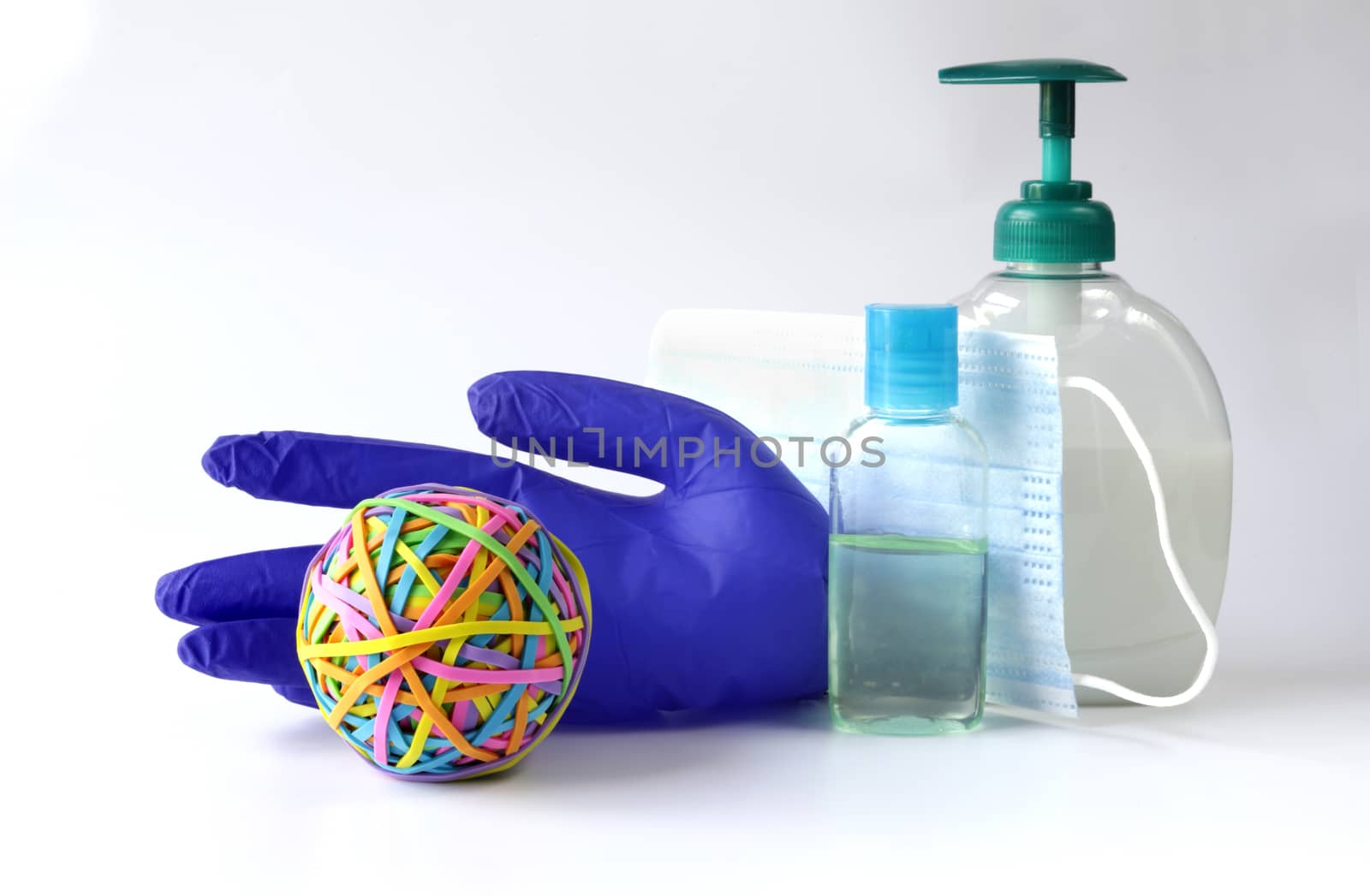Protective face mask, soap, anticeptis, glove against virus on white background