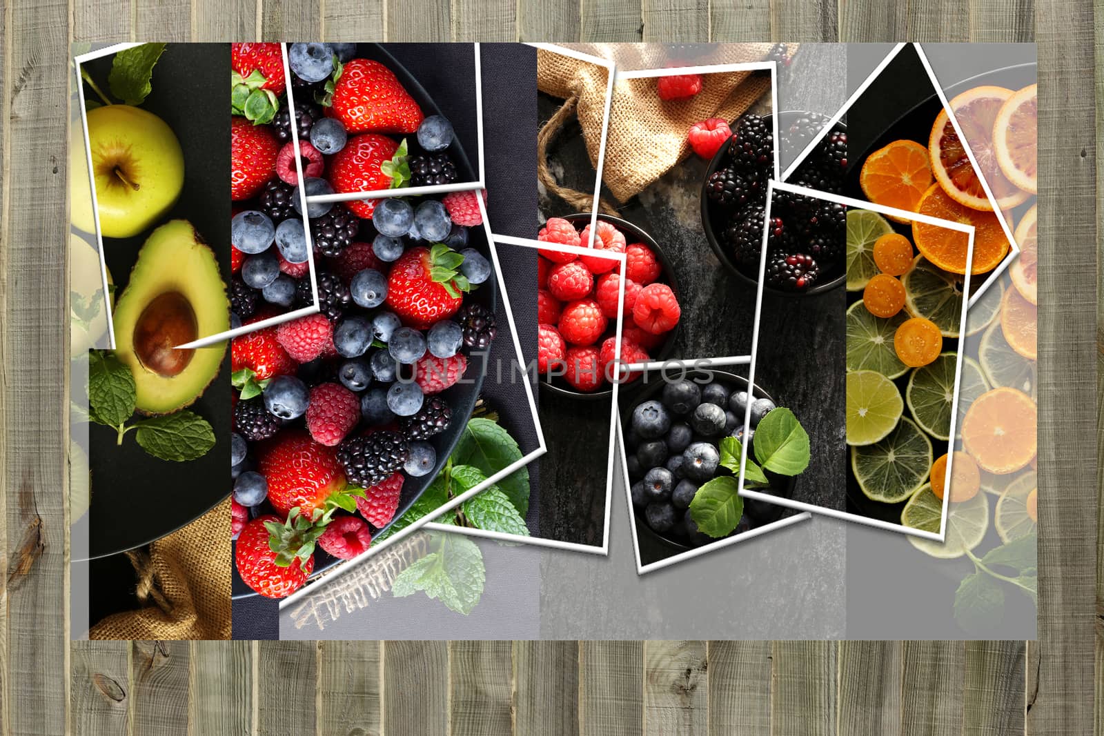 Collage from photos of fruits and berries on wooden background. by NelliPolk