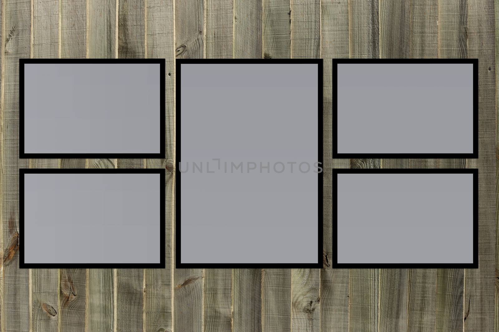 Collage of blank photo frames on old woodedn backgfround. by NelliPolk