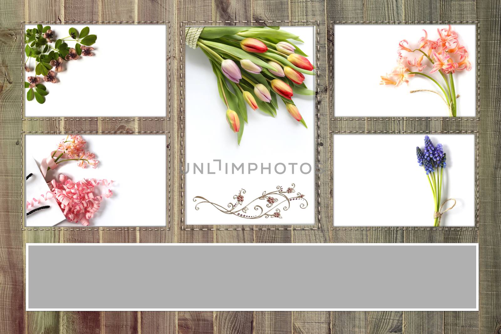 Collage of beatiful spring flowers on wooden background. Mock up,banner, poster. Birthday card, mothers day, valentines day, weddings, anniversary, congratulations concept.