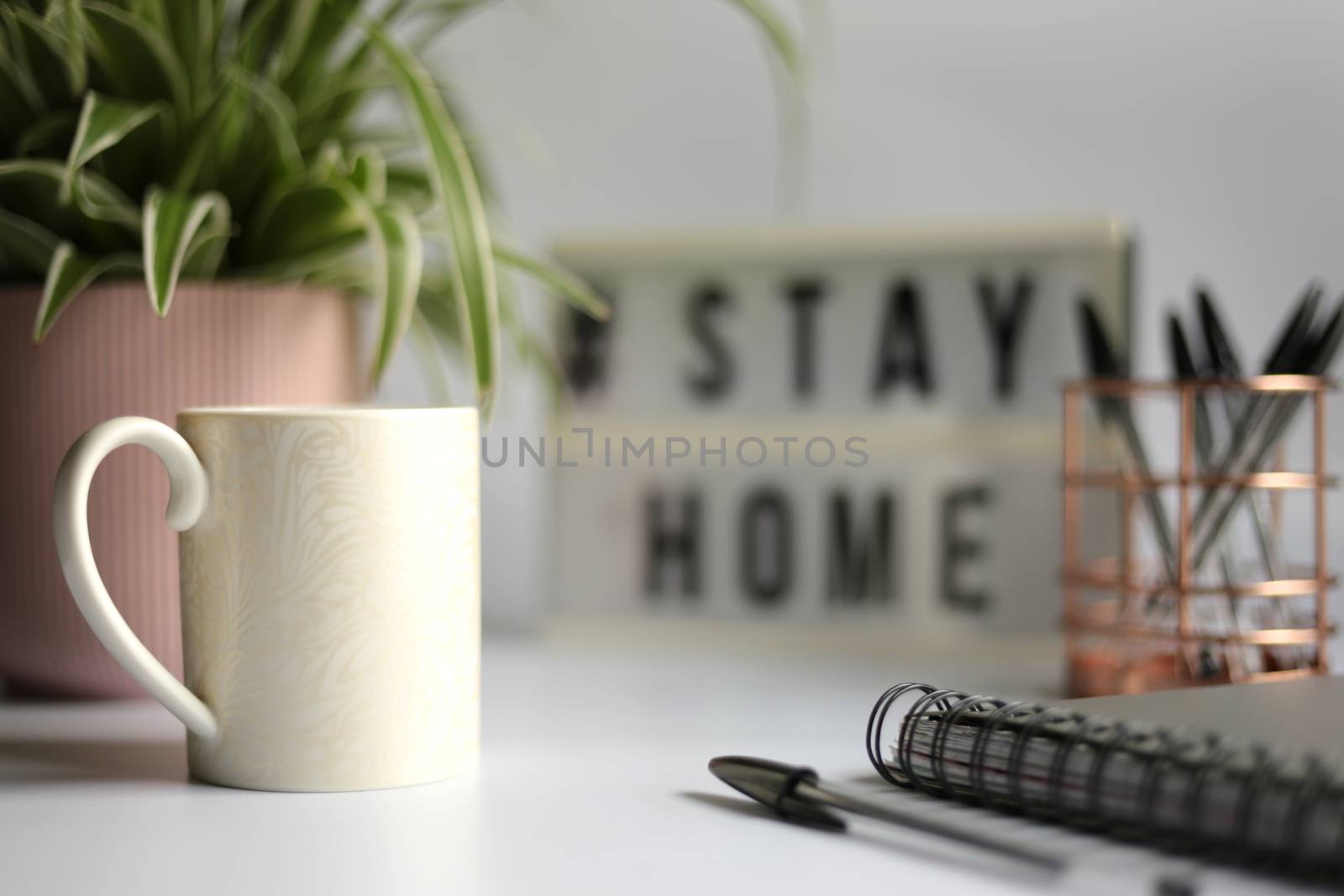 Home office desc concept during self quarantine as preventive measure against virus. Stay safe concept. Cup of coffee, clock, stationery, home plant on white background