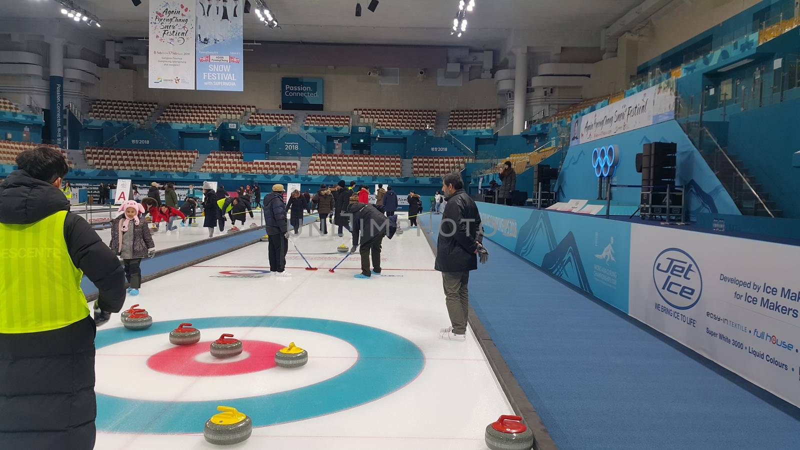 Pyeongchang, South Korea - Fbruary 09, 2019: People play in curling for recreation purpose, in ice arena during winter season.
