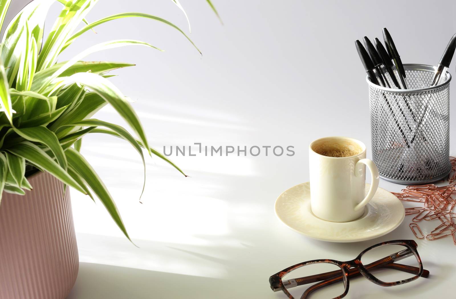 Home office place with stationery, cup of coffee on multicolor background. Home office working station concept