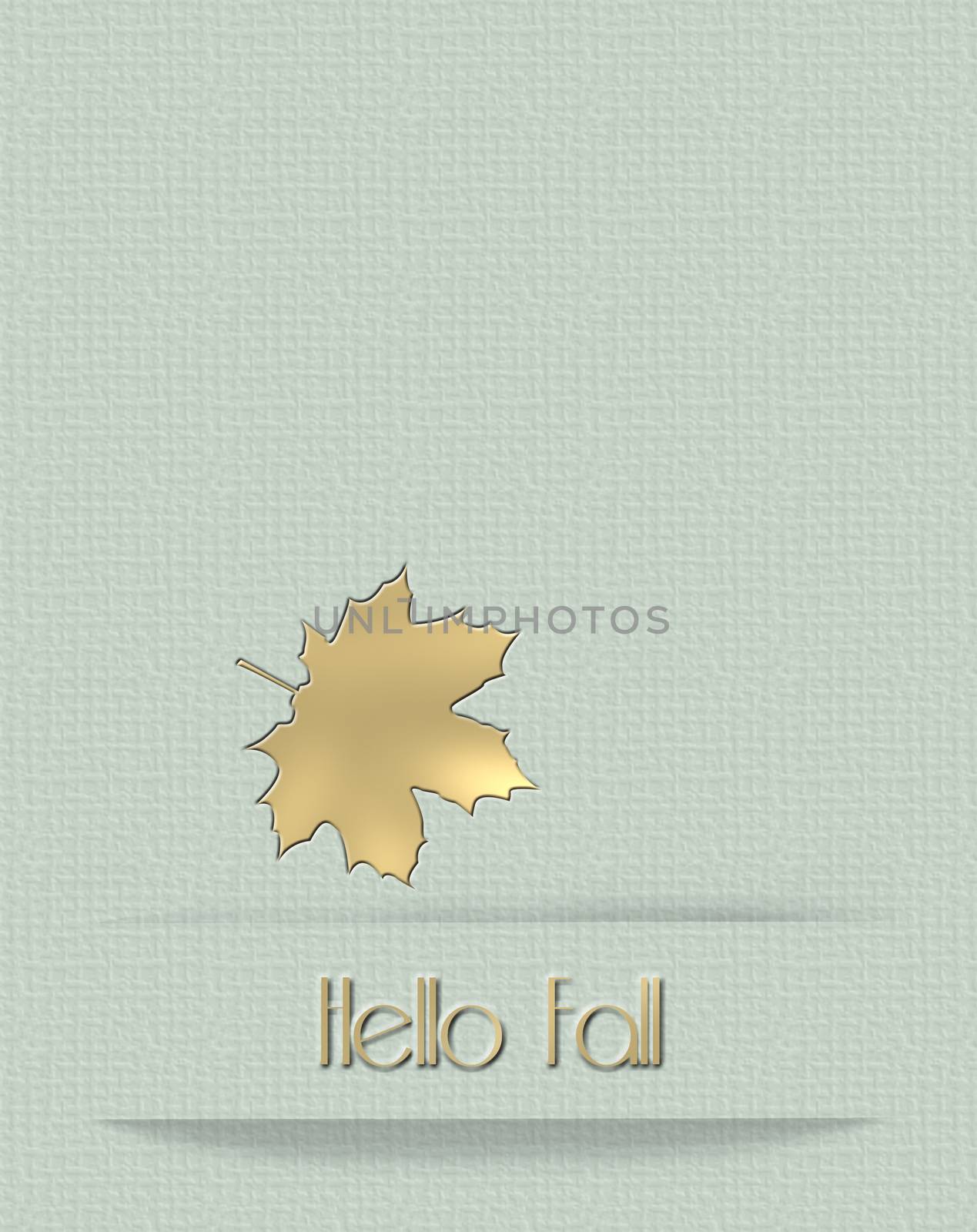 Autumn fall gold maple leaf on pastel green background with paper stripe. Text Hello Fall. 3D illustration