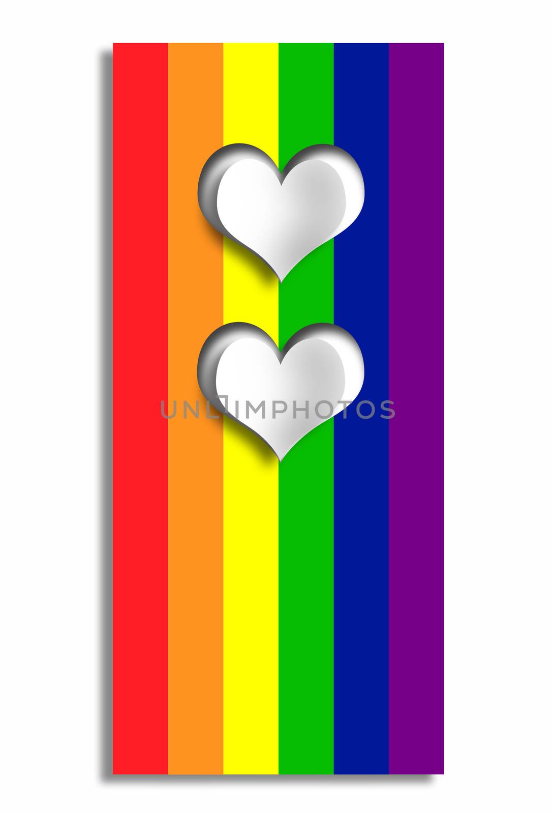White hearts on rainbow color LGBT flag. LGBT pride symbol. 3D illustration. Vertical