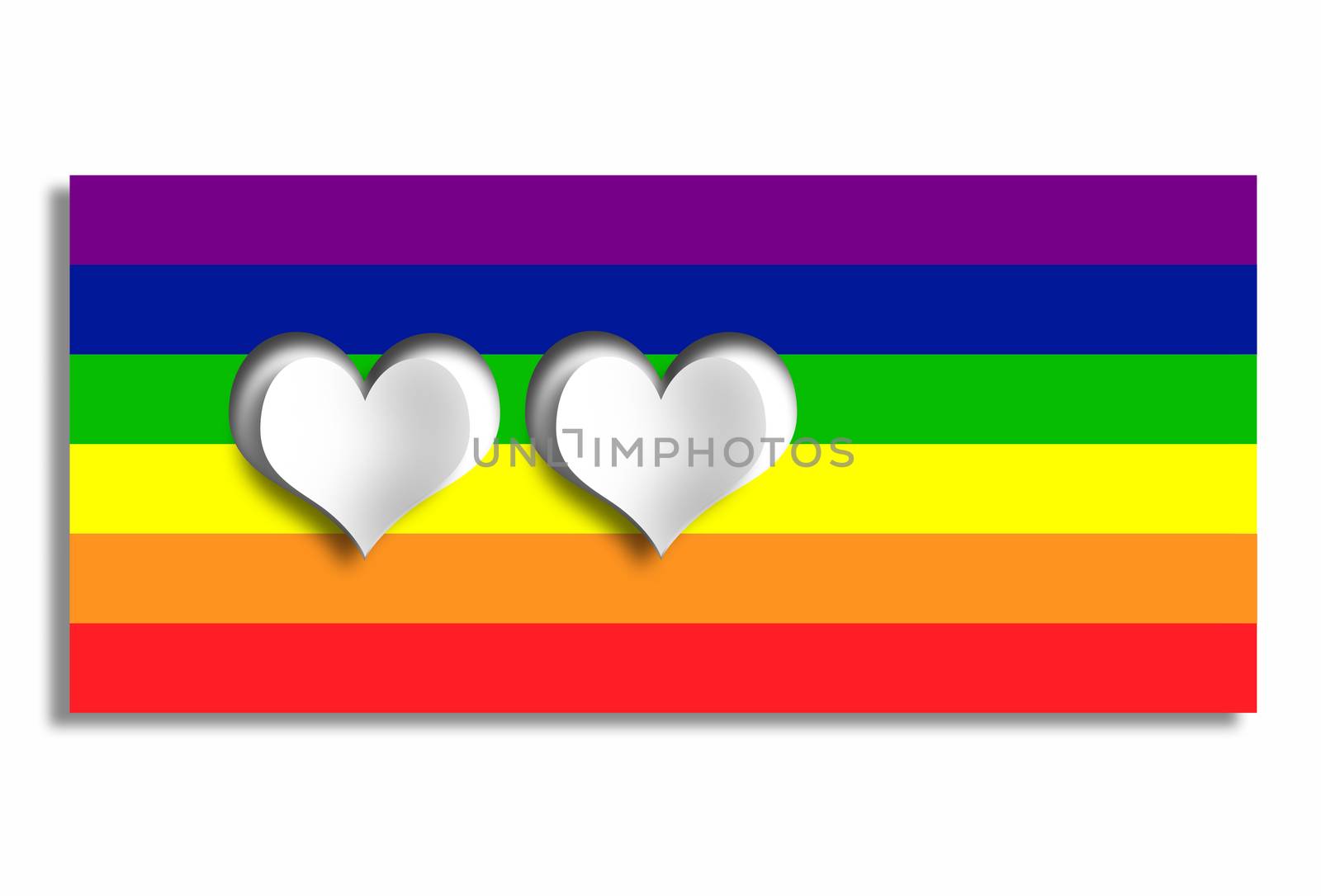 White hearts on rainbow color LGBT flag. LGBT pride symbol. 3D illustration. Horizontal