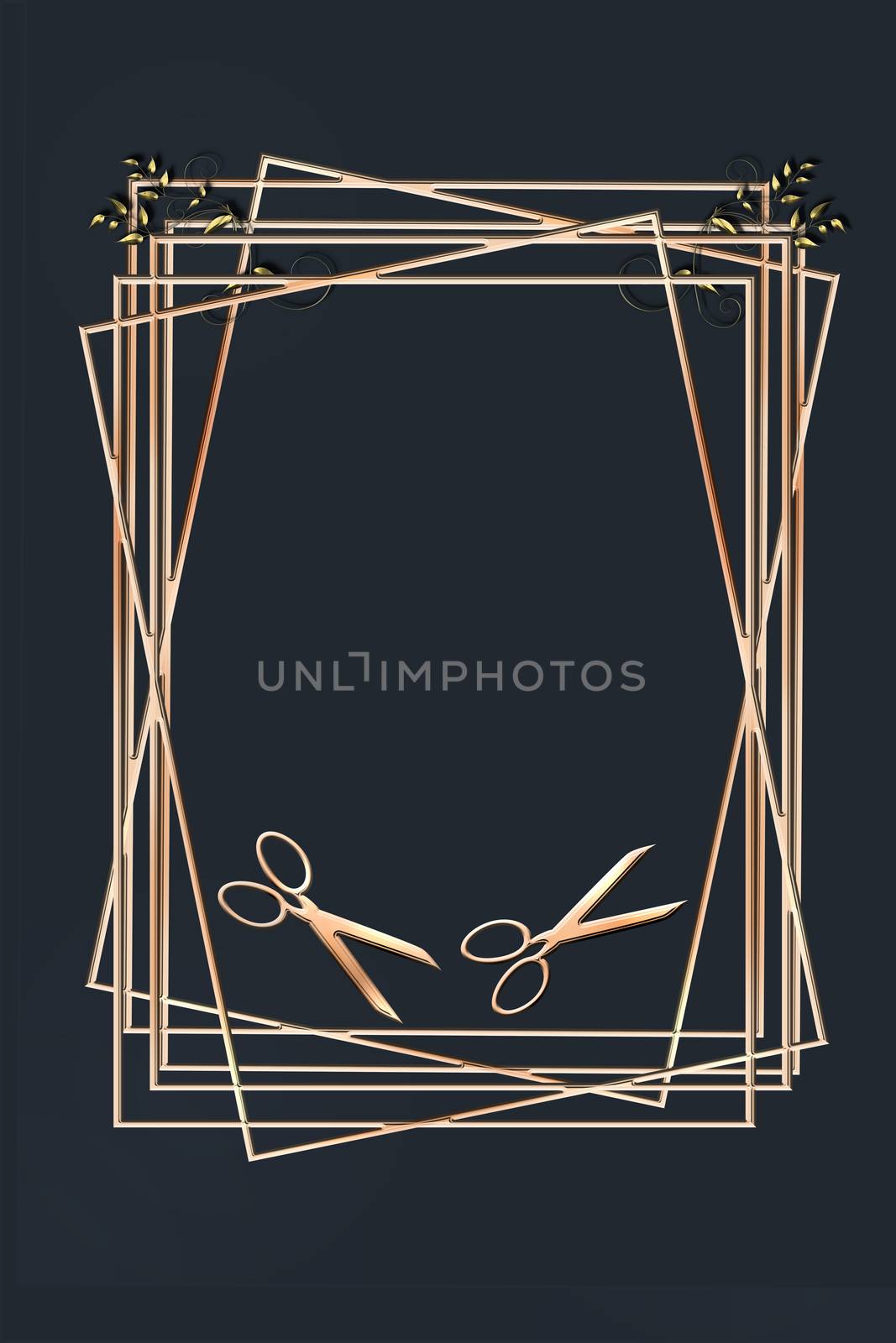 Luxury black frame background with professional hairdressing scissors in gold colour for advertising modern glamour hair salon. 3D illustration. Mock up, banner, card, copy space, opening massage