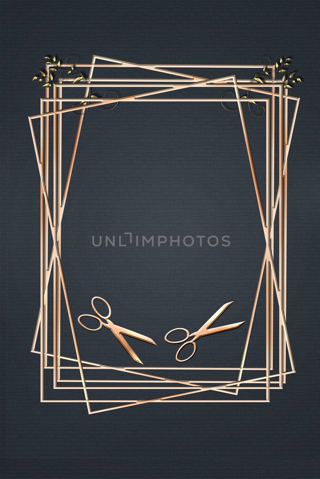 Luxury black frame background with professional hairdressing scissors in gold copper for advertising modern glamour hair salon. 3D illustration. Mock up, banner, card, copy space, opening massage