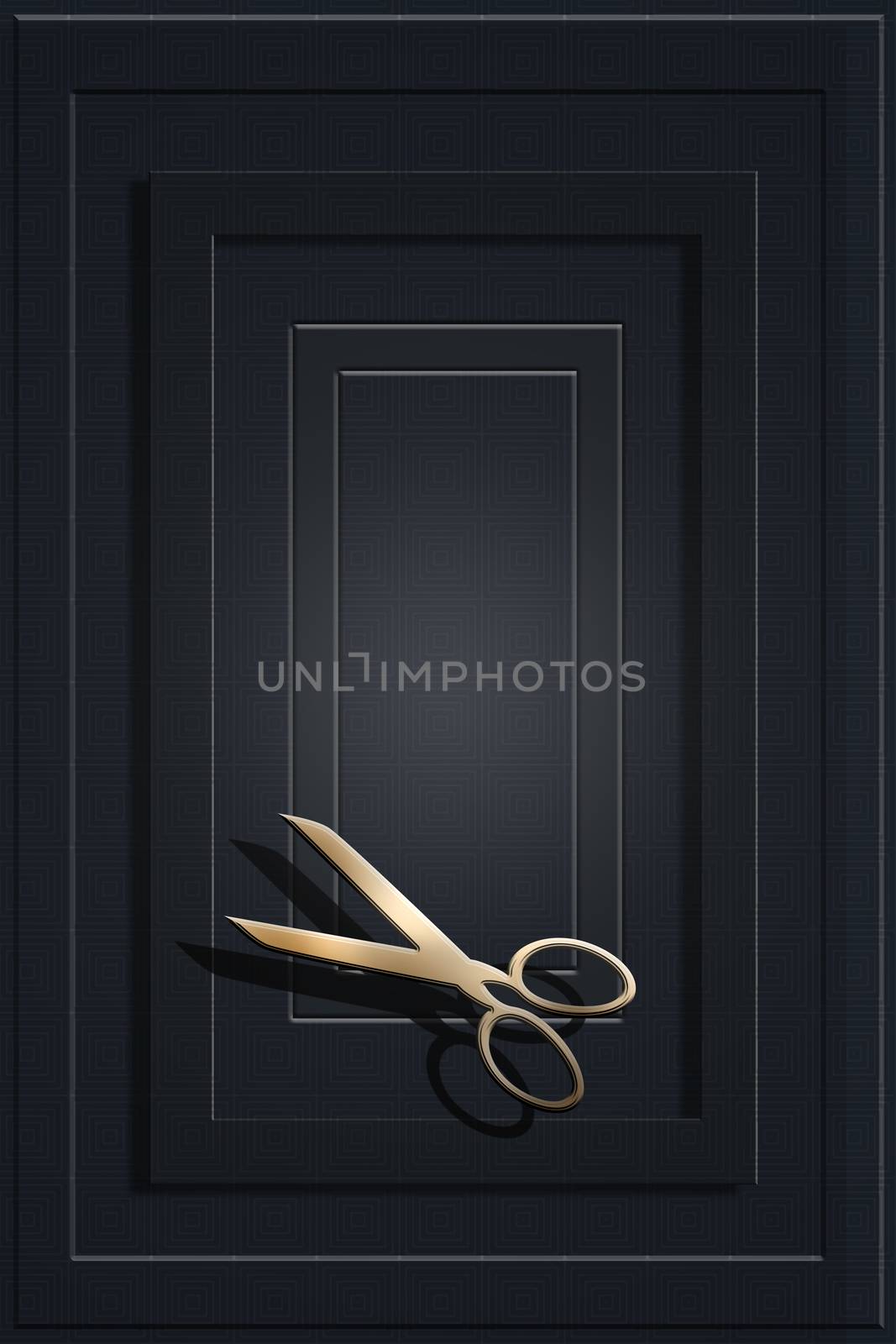 Luxury black frame background with professional hairdressing scissors in gold colour for advertising modern glamour hair salon. 3D illustration. Mock up, banner, card, copy space, opening massage