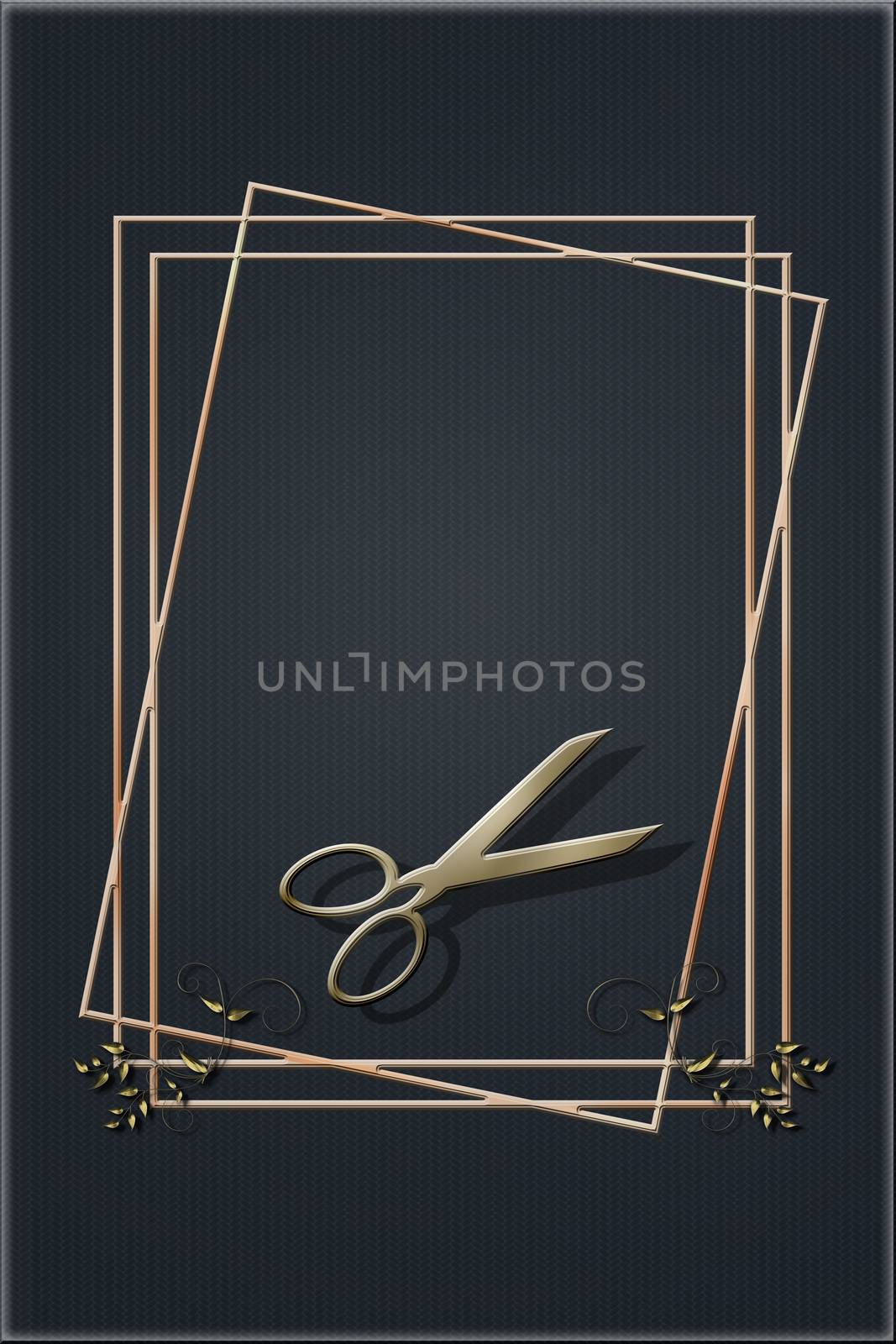 Luxury black frame background with professional hairdressing scissors in gold colour for advertising modern glamour hair salon. 3D illustration. Mock up, banner, card, copy space, opening massage