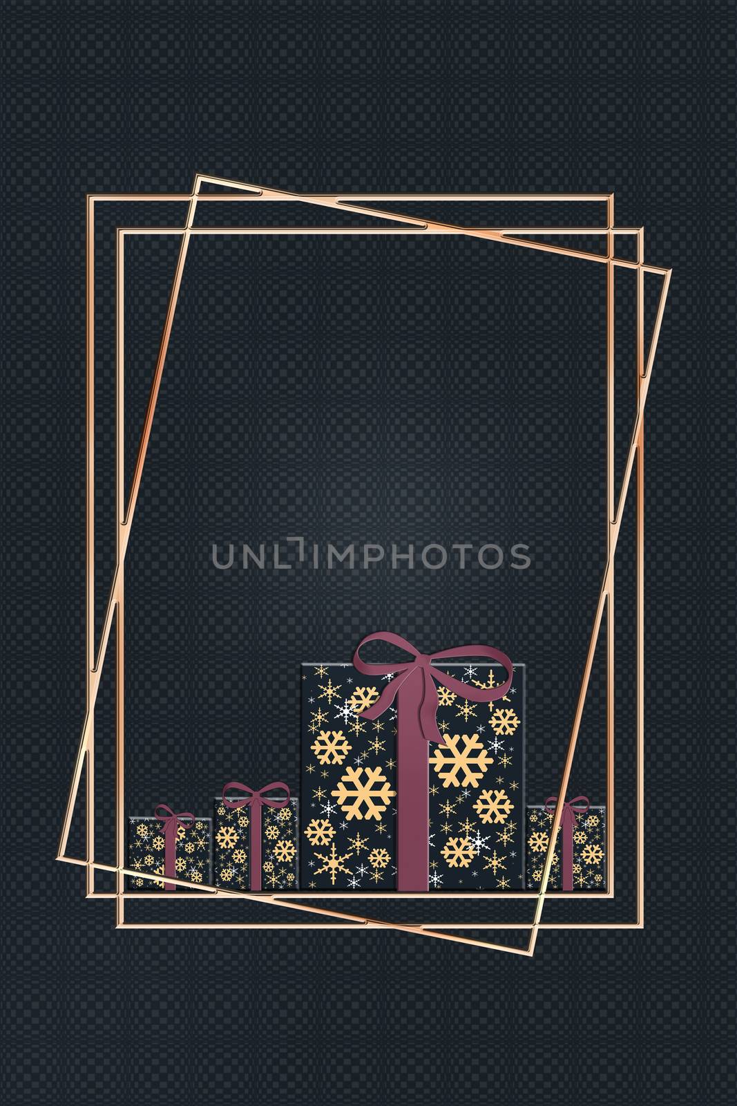 Stylish luxury Black Friday, Birthday, Sale, Christmas concept. Gold shiny frames and wrapped gift boxes with bow on dark background with illusion. Illustration. Copy space, banner. 3D illustration