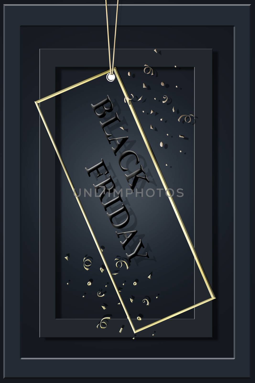 Black Friday text of black letters on black background with frames and gold confetti, vertical banner, design template. Copy space, creative background. 3D illustration