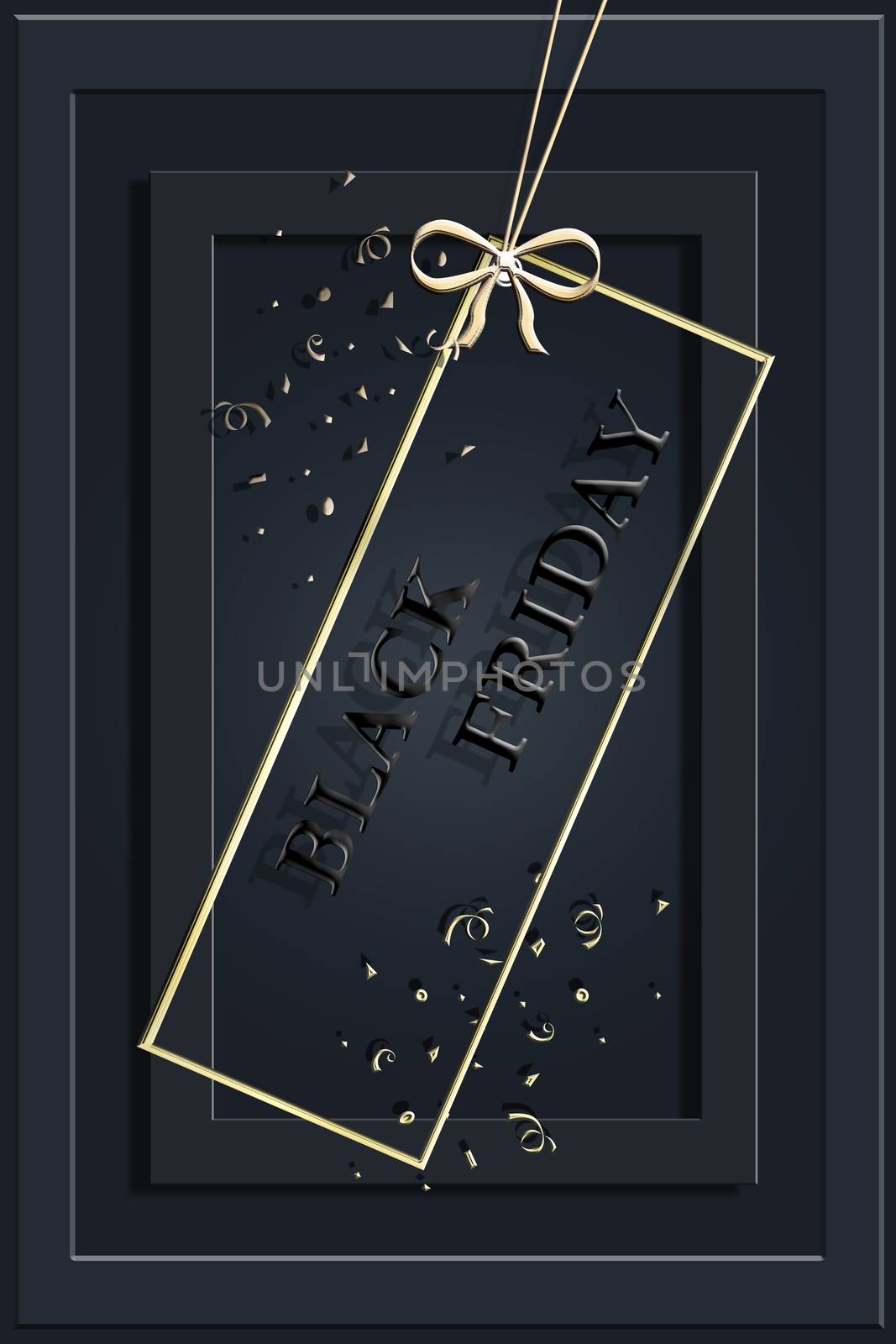 Black Friday text of black letters on black background with frames and gold confetti, vertical banner, design template. Copy space, creative background. 3D illustration