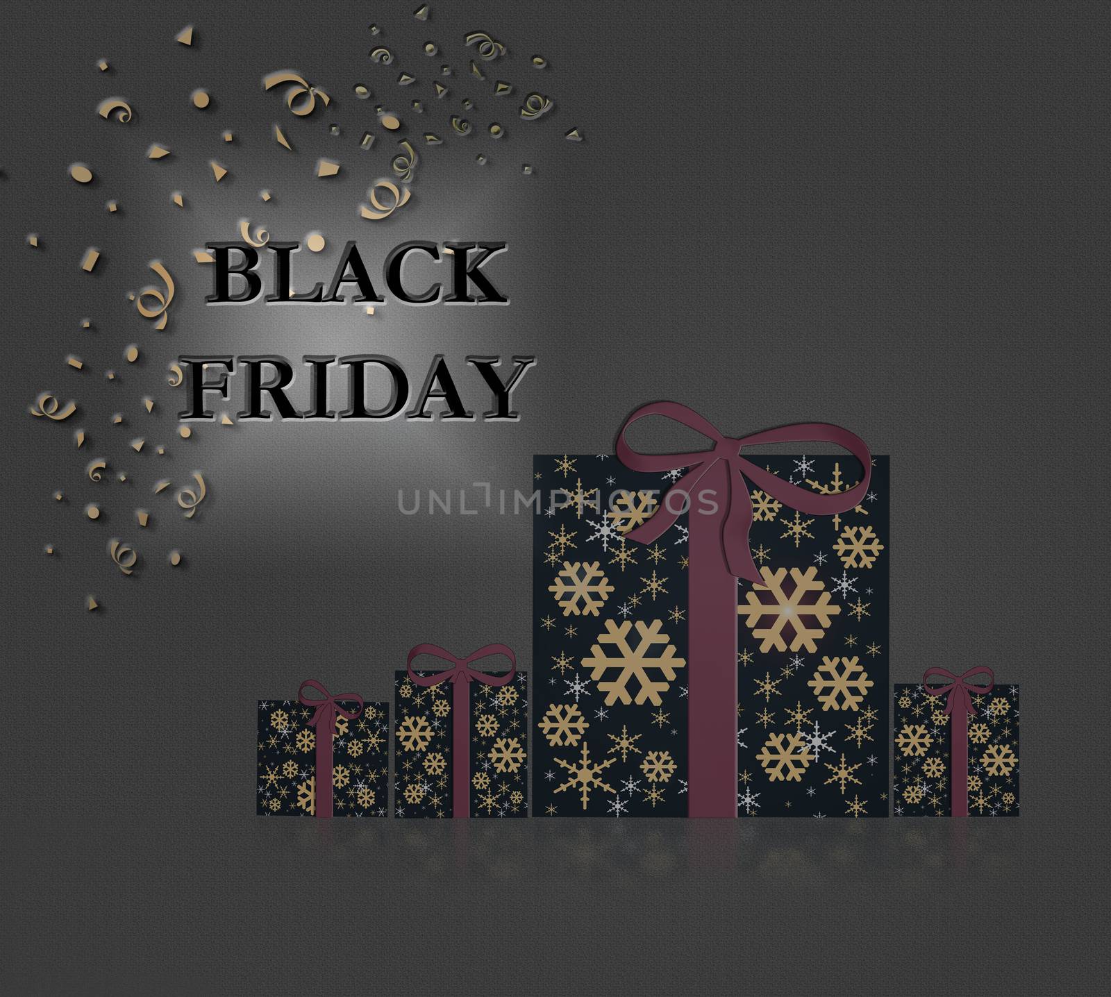 Stylish Black Friday text and gift boxes with bow on dark background. Illustration. Copy space, banner.