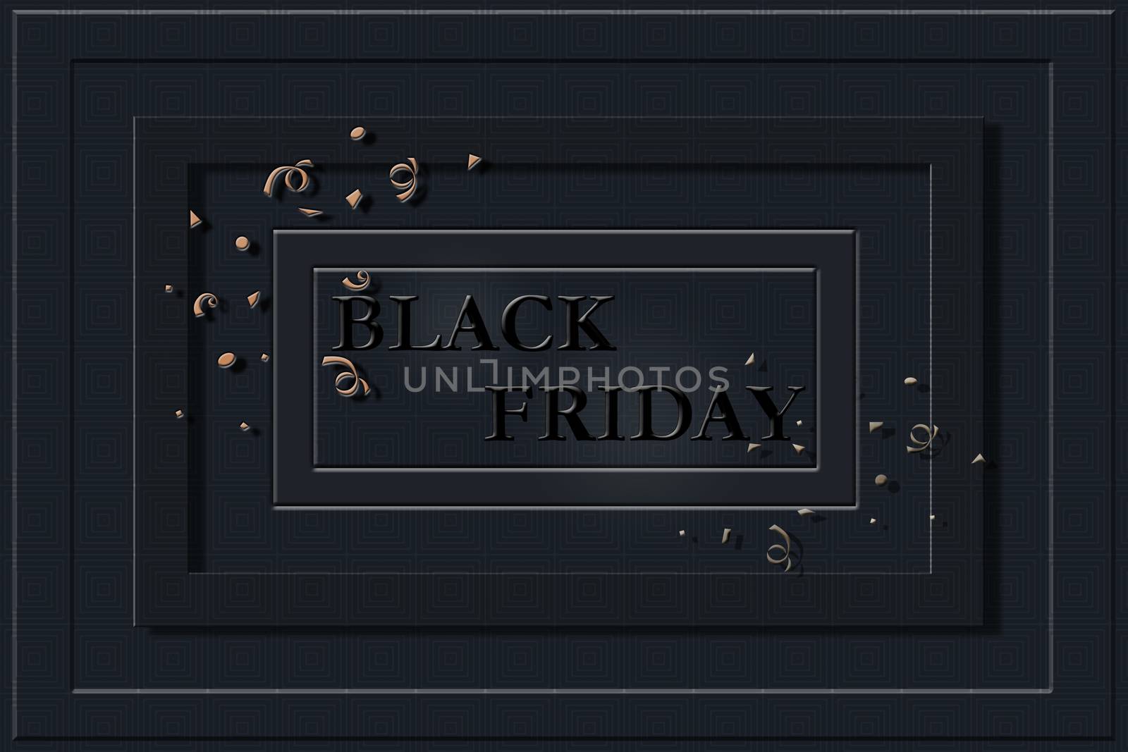 Black Friday text of black letters on black background with frames and gold confetti, horizontal banner, design template. Copy space, creative background. 3D illustration