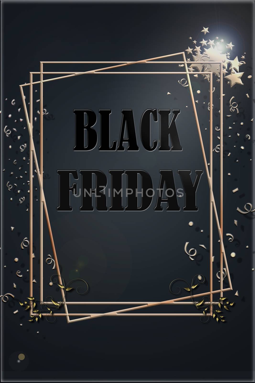 Black Friday text of black letters on black background with frames and gold confetti, horizontal banner, design template. Copy space, creative background for business promotional. 3D illustration