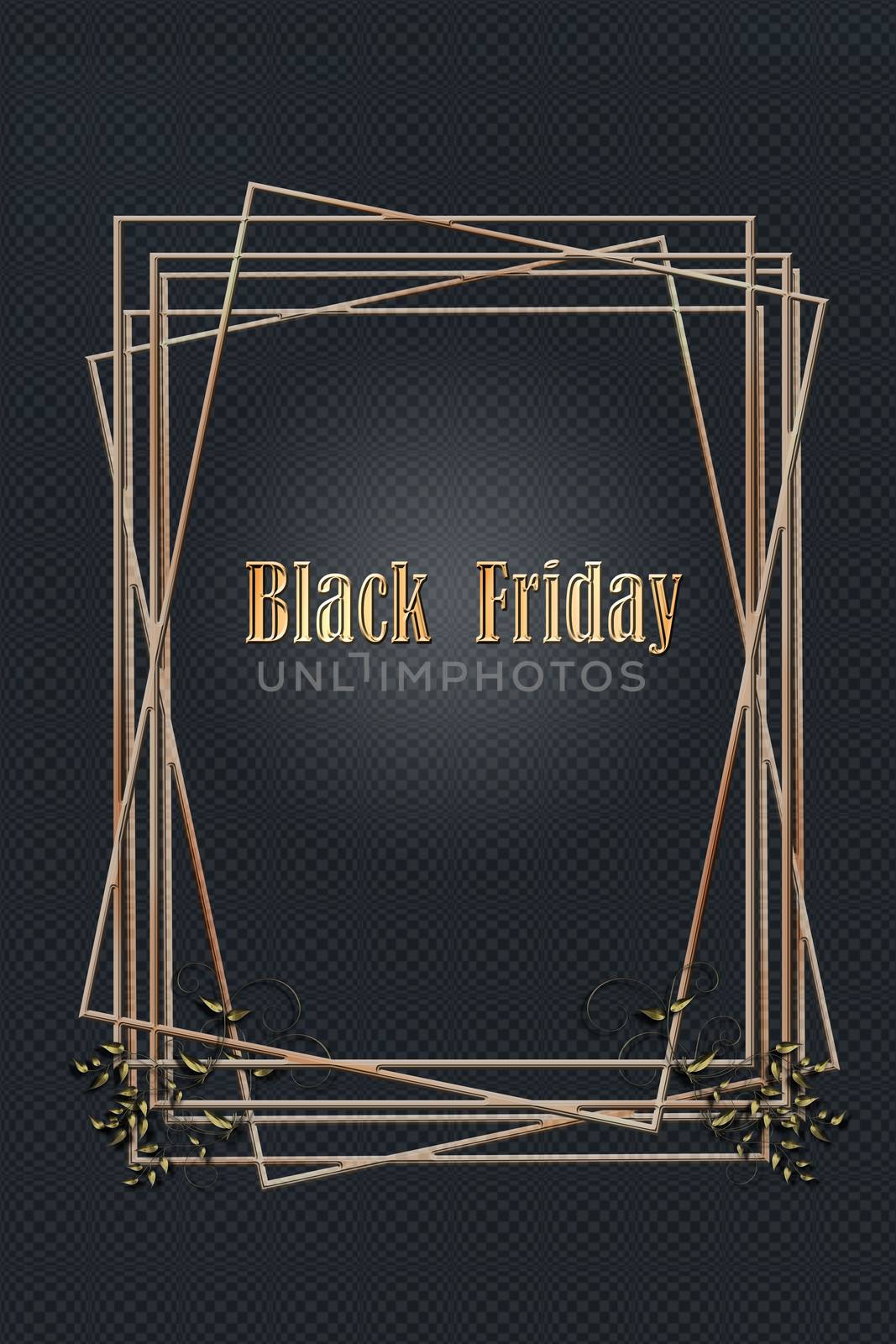 Gold glitter frames on black pattern background. Golden text Black Friday. 3D Illustration. Sales concept