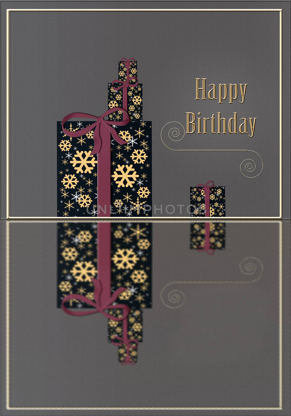 Stylish Happy Birthday text and gift boxes with bow on glitter gold color background with reflection. Birthday greeting card concept. Illustration. Copy space, banner.