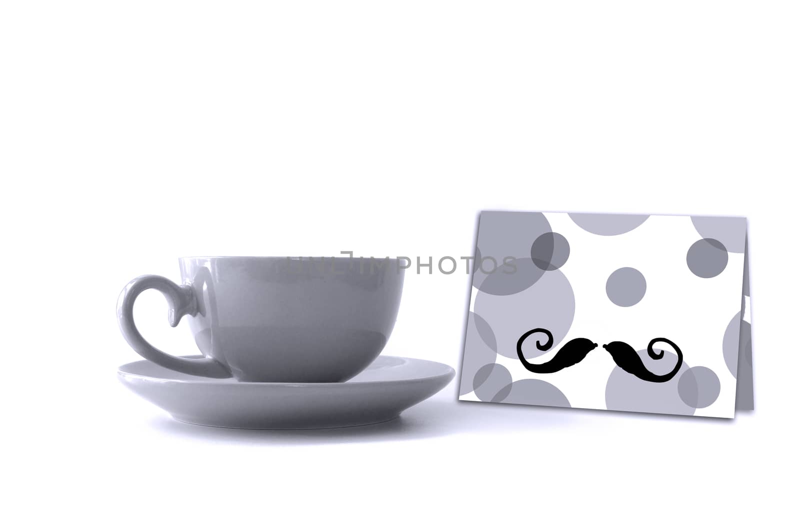 Happy Fathers Day tag with gift box and cup, on wooden table, on light background in black and white. Mock up