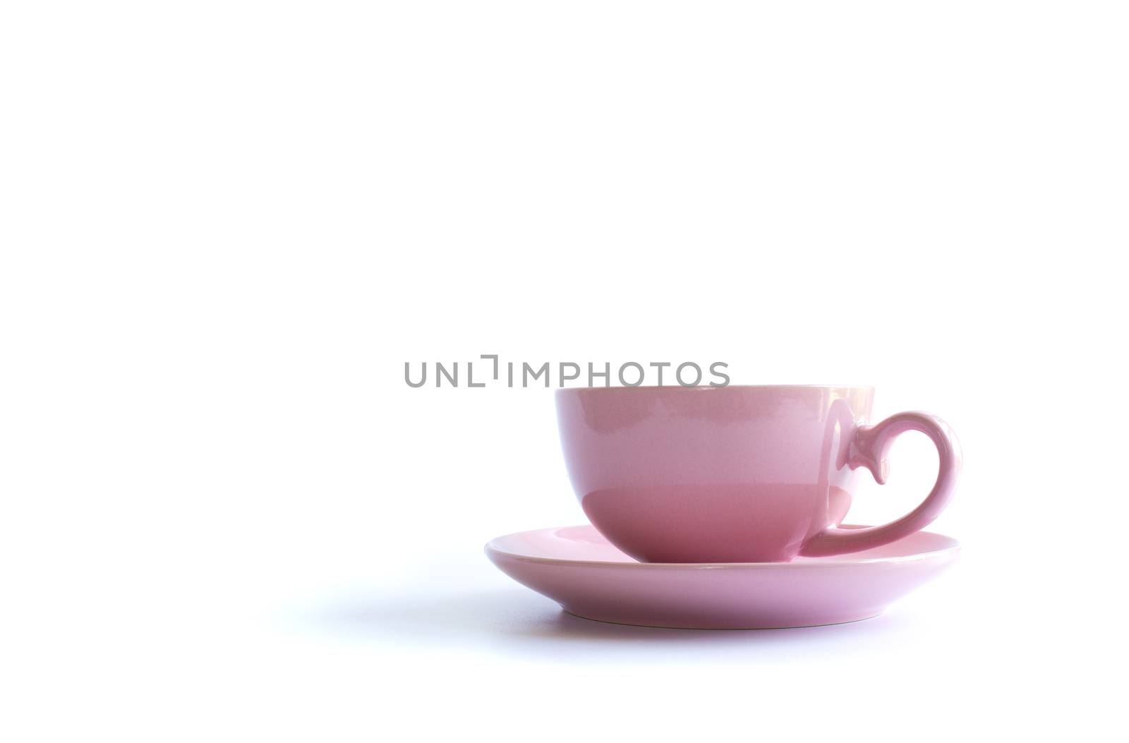 Pink porcelain cup of tea on white background. Card, poster, mock up. Celebrating, anniversary, birthday concept. Banner, mock up menu, poster