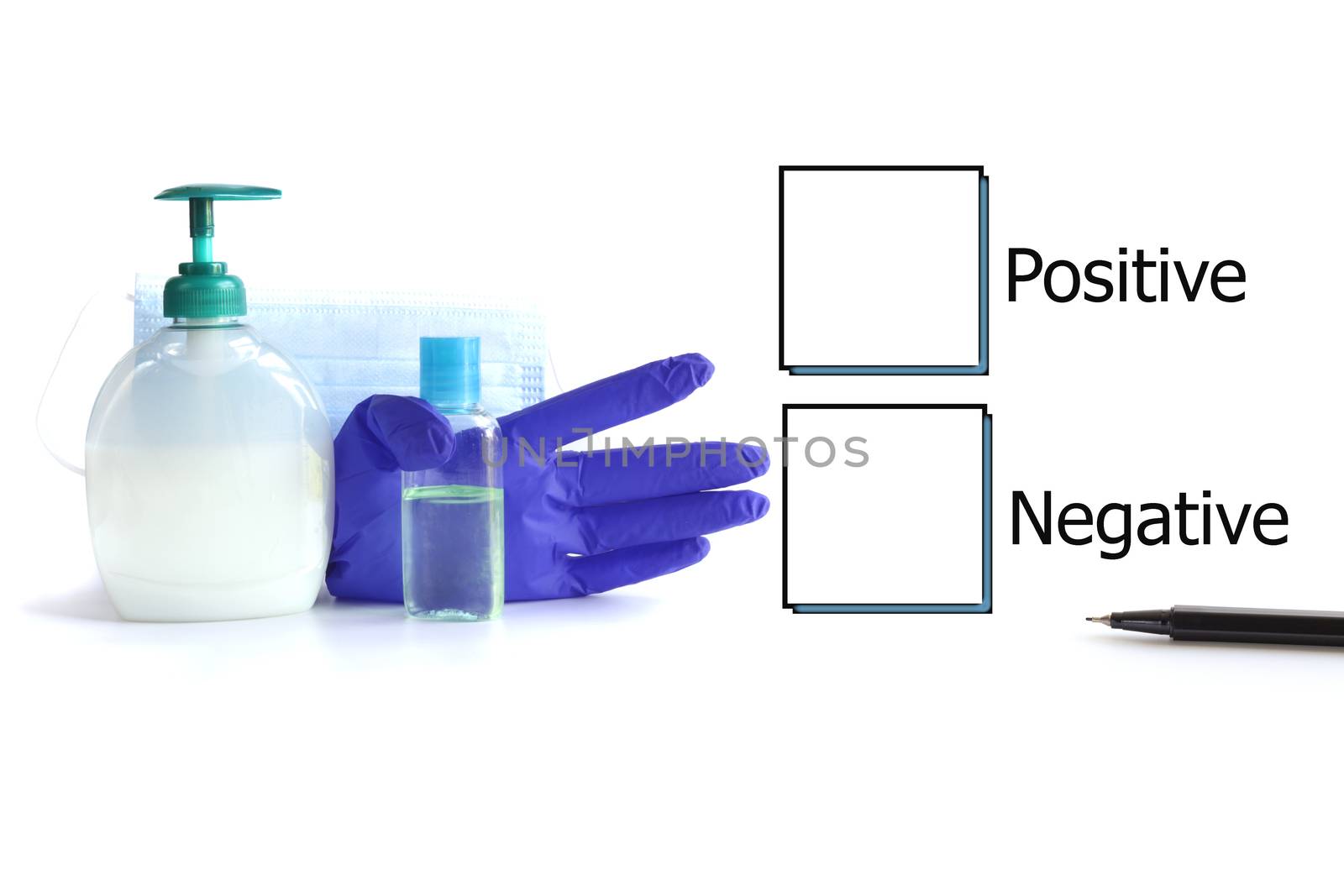 Boxes with negative or positive test results for COVID-19 virus and protective accessories against virus on white background. Testing result, blood swab test, vaccination, coronavirus test concept