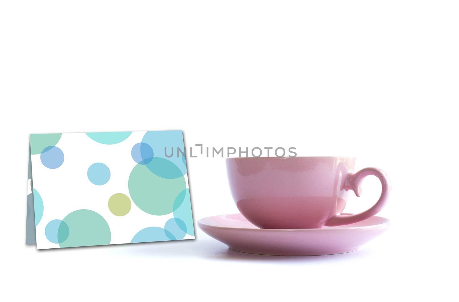 Pink cup of tea on white background with greeting card by NelliPolk