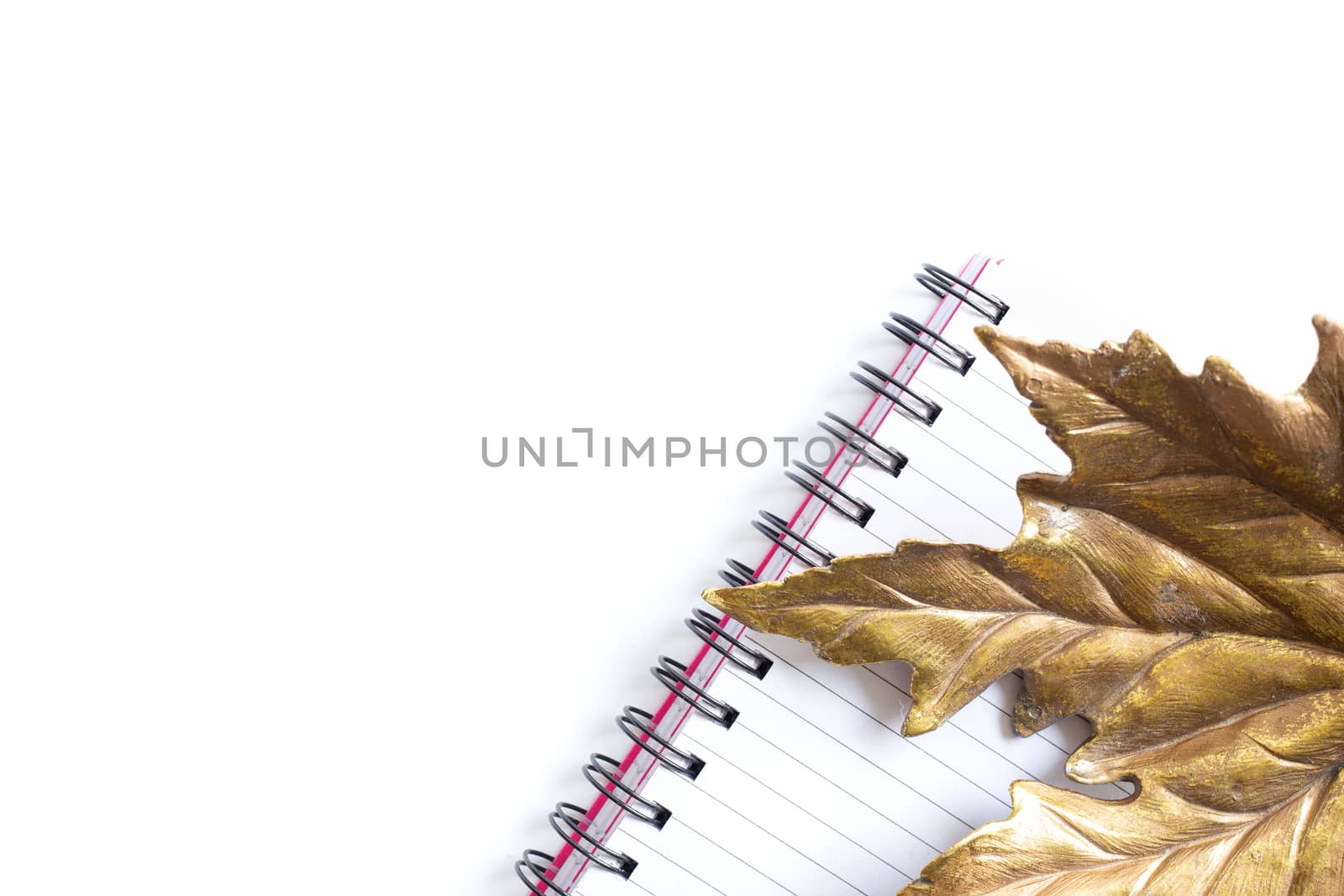 Open spiral planner and symbol of autumn fall golden leaf on the top on white background. Stationery flat lay. Back to school. Seasonal concept