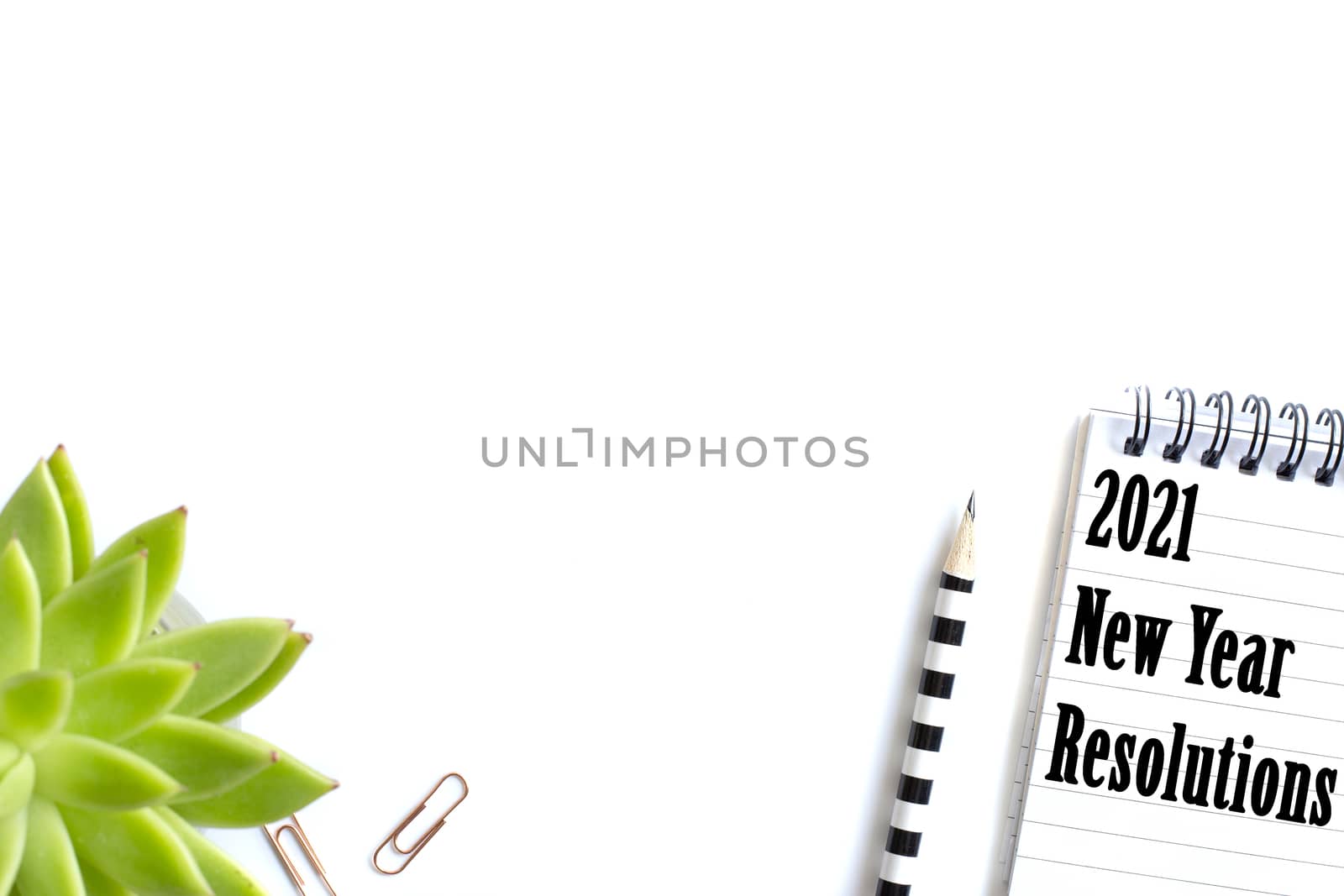 Notepad with spiral, pensil, clippers and home plant in soft focus on white background, Stationery flat lay. Back to school. White background. Mock up