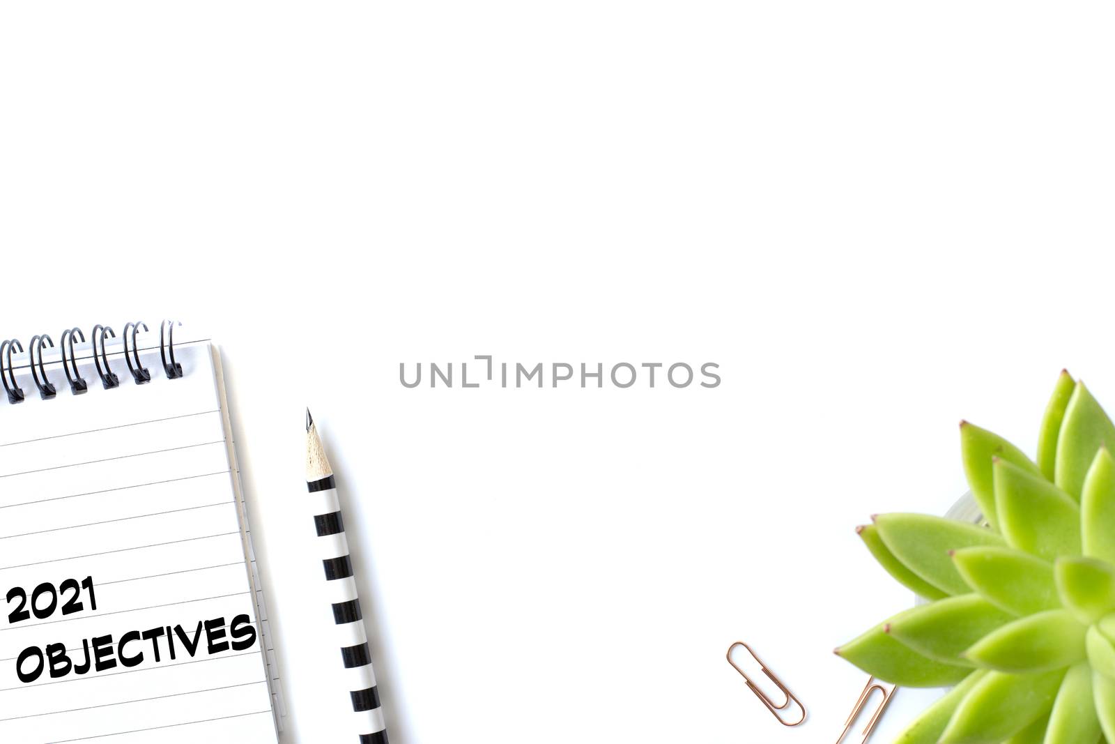 Notepad with spiral, pensil, clippers and home plant in soft focus on white background, Stationery flat lay. Back to school. White background. Mock up