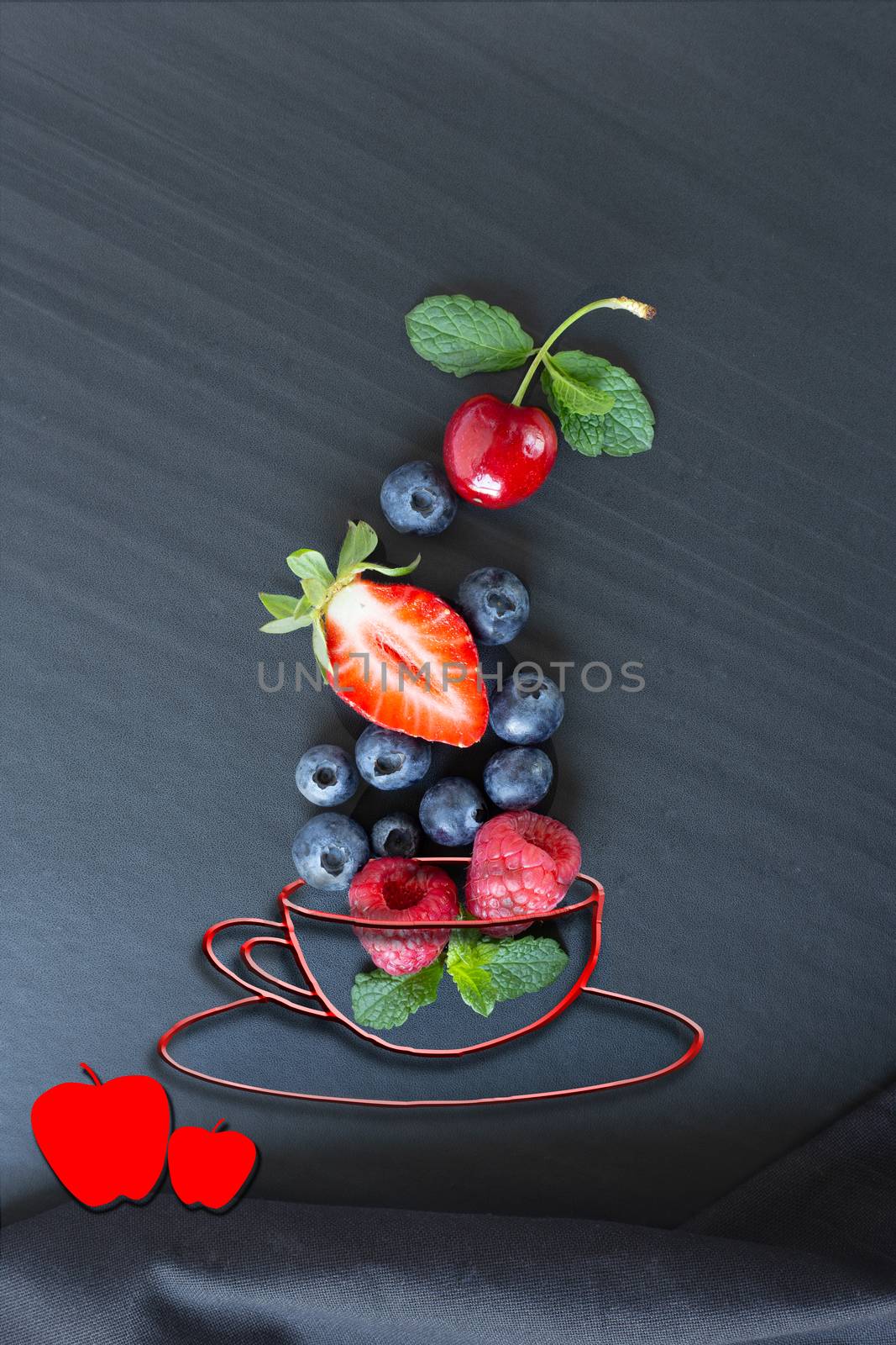 Summer fruits, berries and mint in icons cup of tea and apples on black background. Conceptual healthy, vitamin, dietary food. Vegan, vegetarian and detox food and drinks. Menu mock up for cafe, poster concept